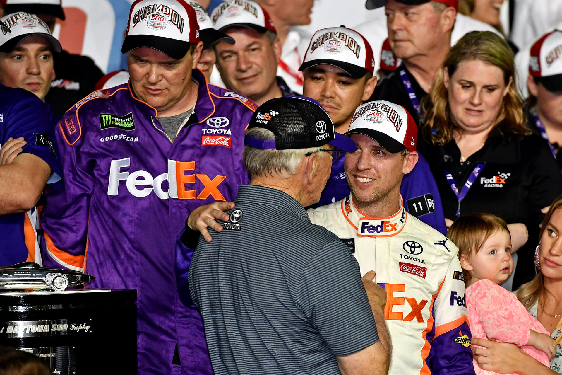 Denny Hamlin with team owner Joe Gibbs after winning the 2021 Daytona 500. Source: Imagn