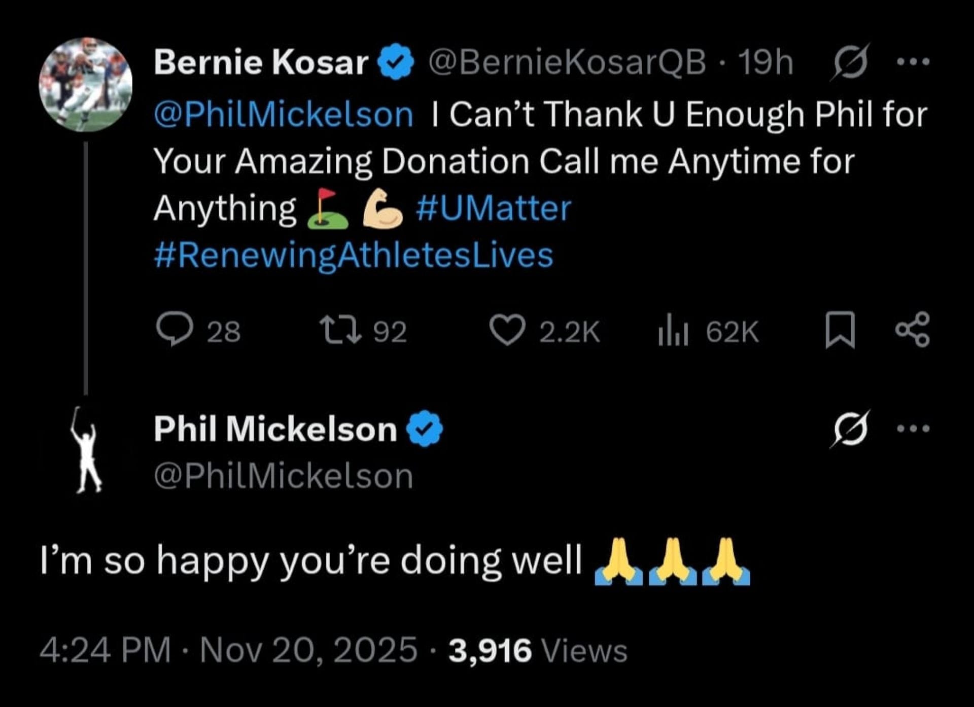 Screenshot of Phil Mickelson&#039;s comment on Bernie Kosar&#039;s post on X (via @BernieKosarQB)
