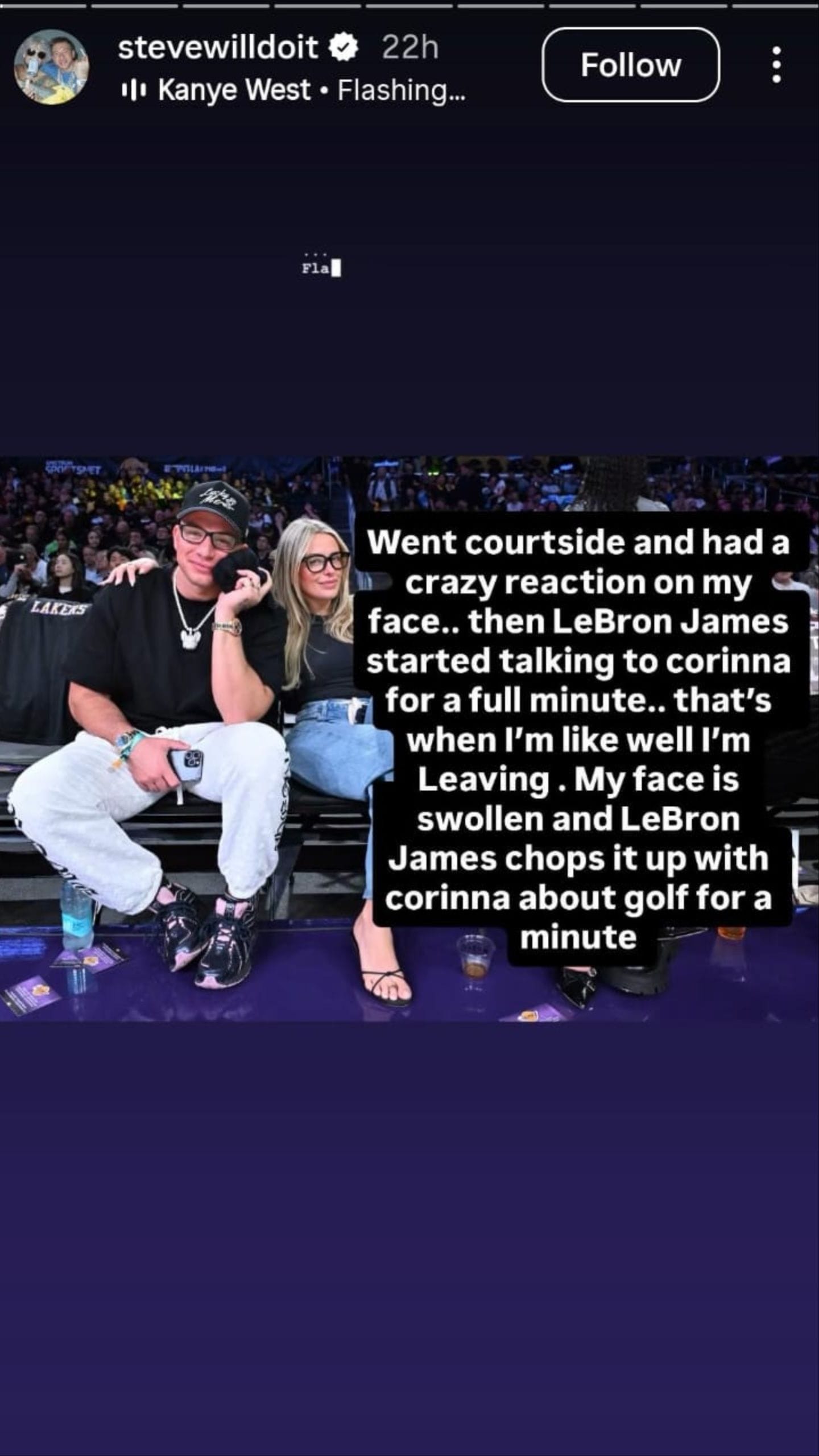 Stephen Deleonardis&#039; Instagram story accusing Lakers stars of flirting with his girlfriend.
