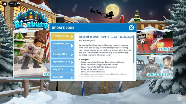 Welcome to Bloxburg Winter Update patch notes