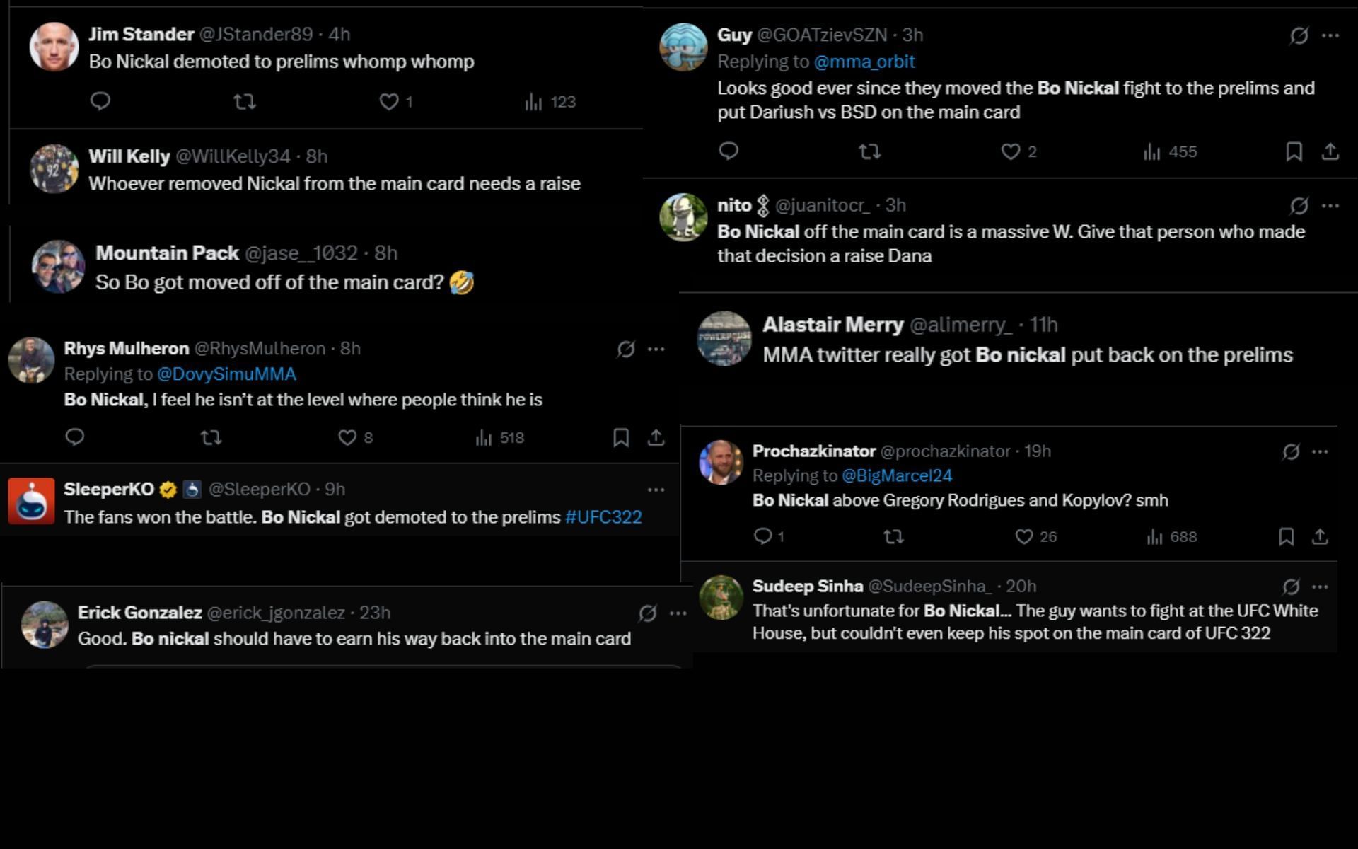 Fans react to Bo Nickal&#039;s fight placement on UFC 322 prelims card. [Screenshots courtesy: @ufc on X]