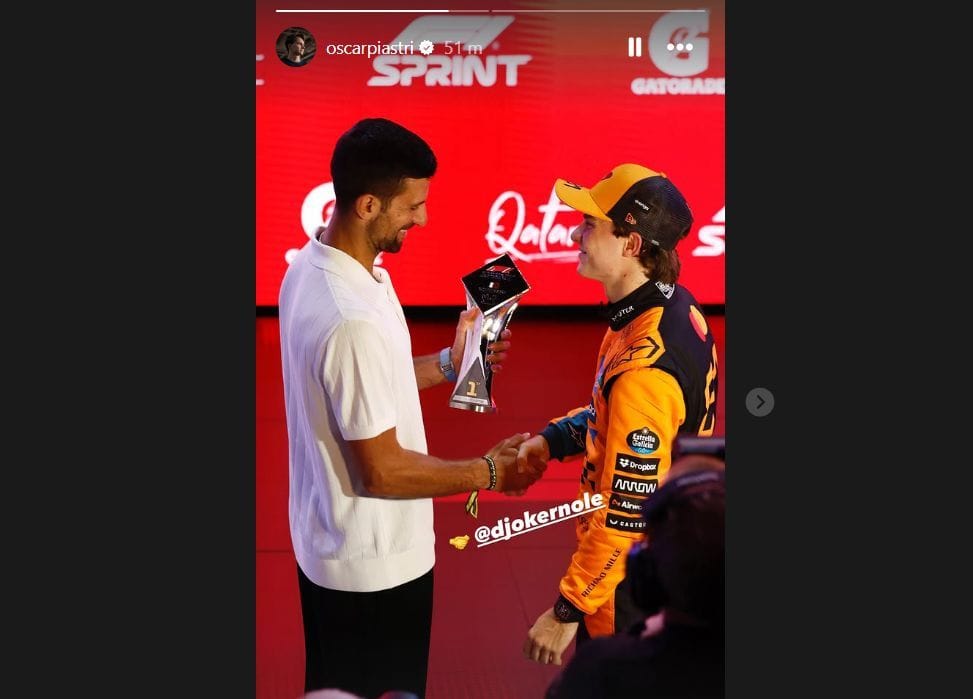 Novak Djokovic presents the Sprint winner Oscar Piastri of McLaren. Source: @oscarpiastri via Instagram