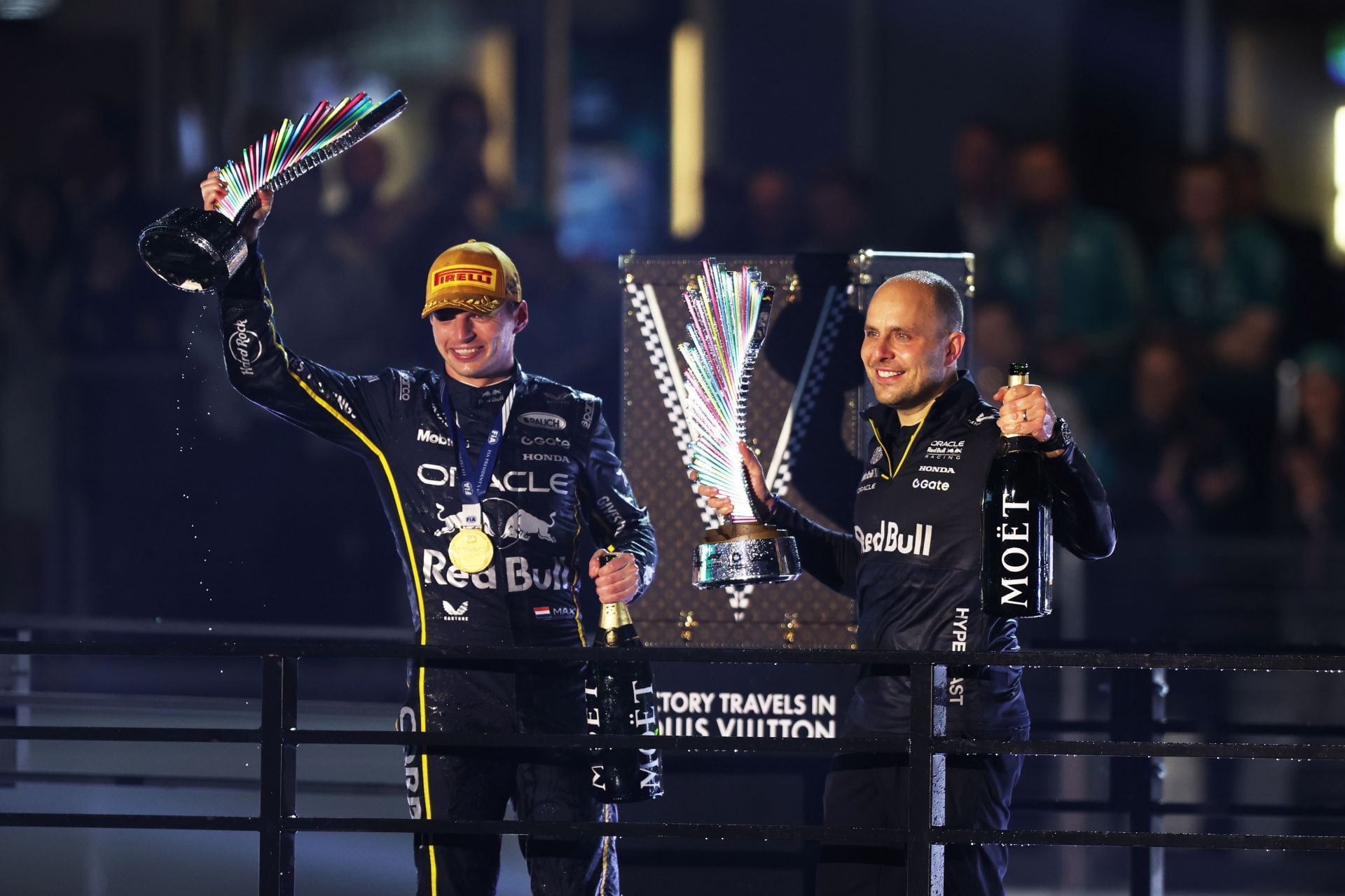 Race winner Max Verstappen of the Netherlands and Oracle Red Bull Racing and Gianpiero Lambiase, Head of Racing of Oracle Red Bull Racing at the F1 Grand Prix of Las Vegas - Source: Getty