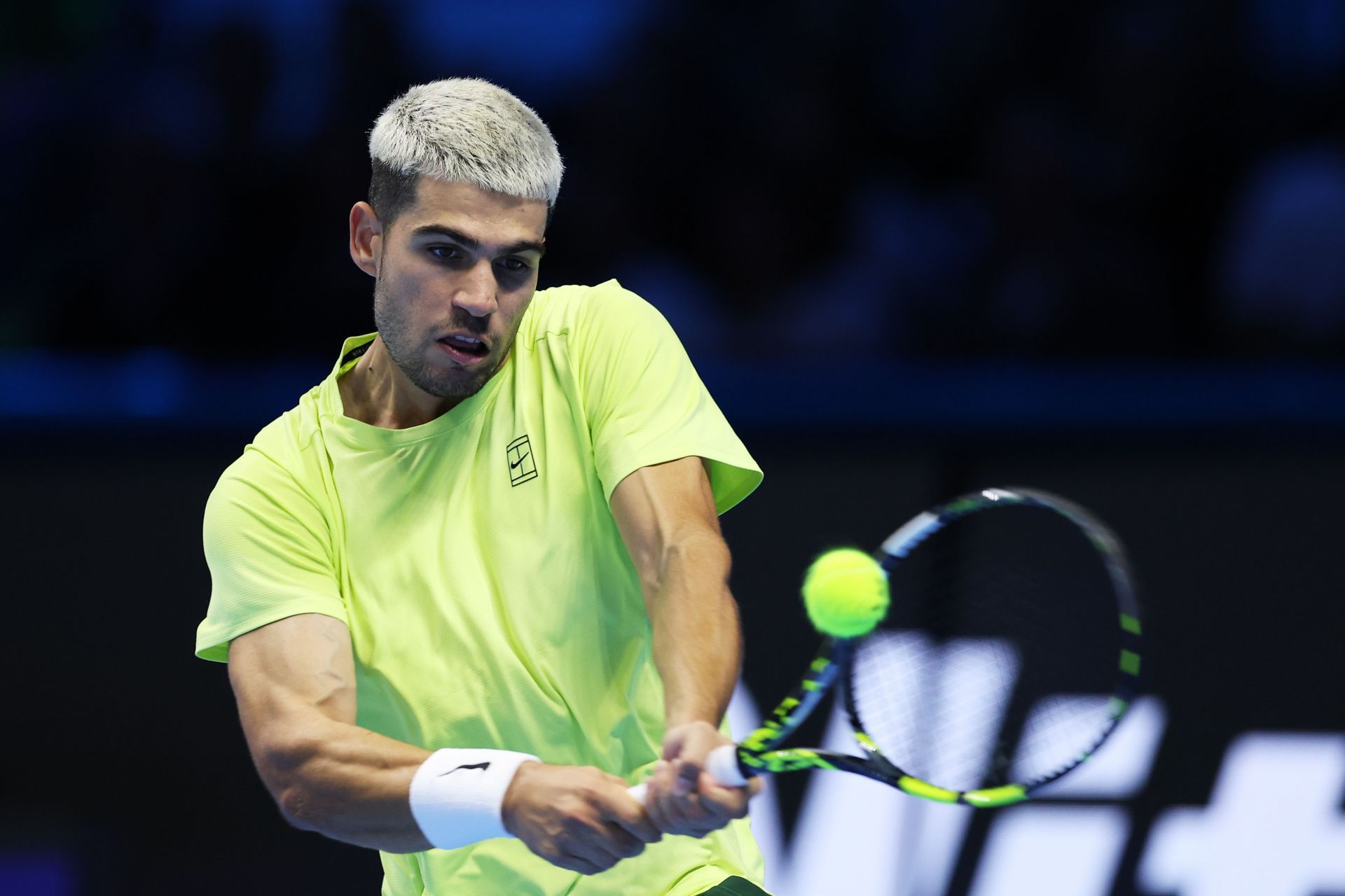 Carlos Alcaraz in action at the 2025 ATP Finals (Source: Getty)