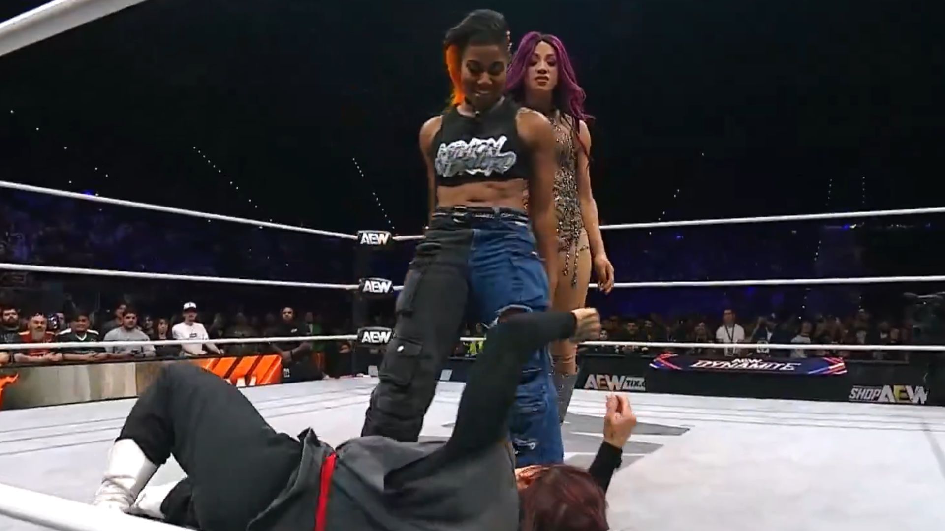 Athena and Mercedes Mone standing over Kris Statlander on AEW Dynamite [Image Credits: AEW&#039;s X profile]