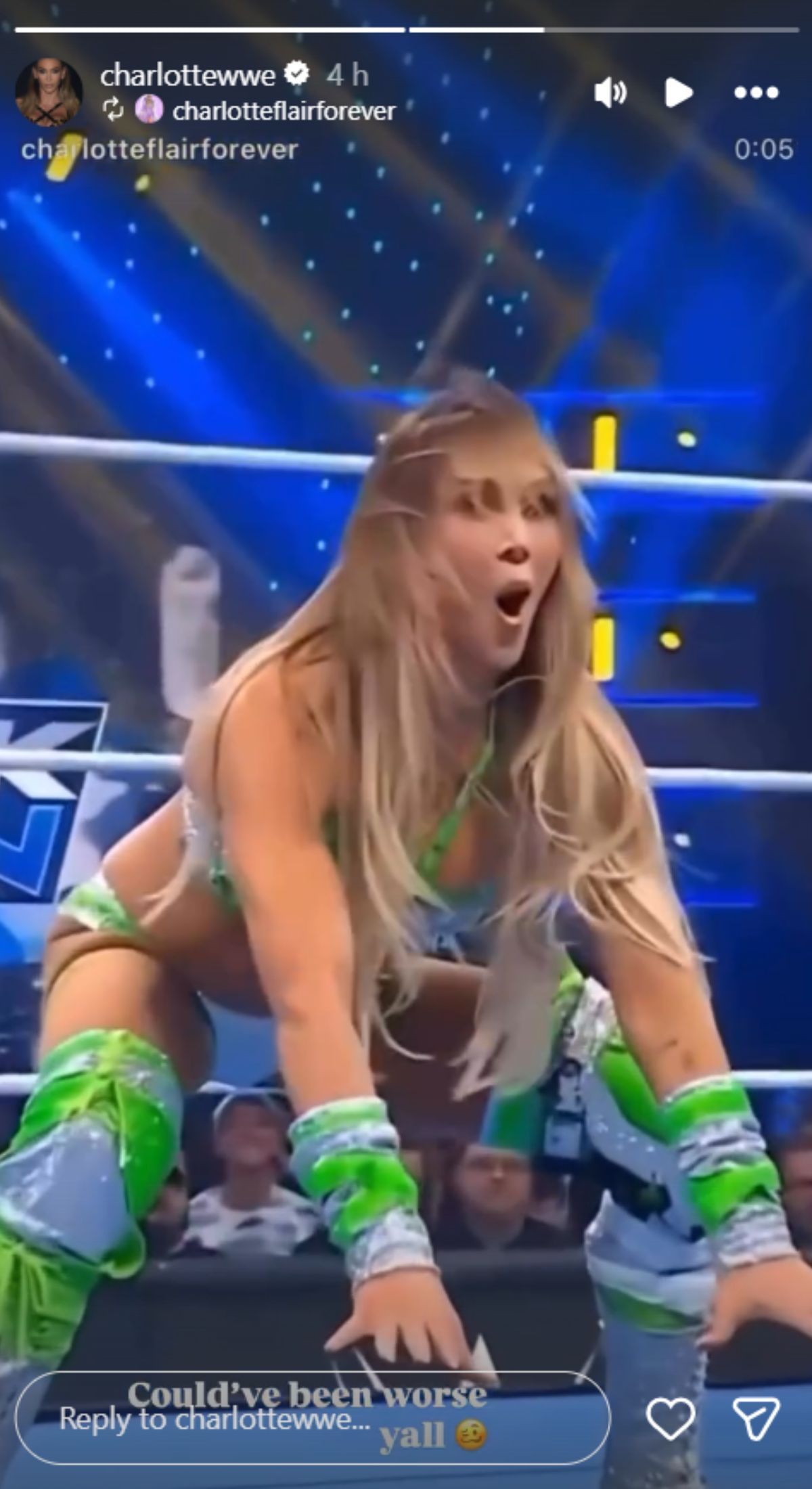 Charlotte Flair&#039;s reaction to her botch [Image credit: @charlottewwe via Instagram]