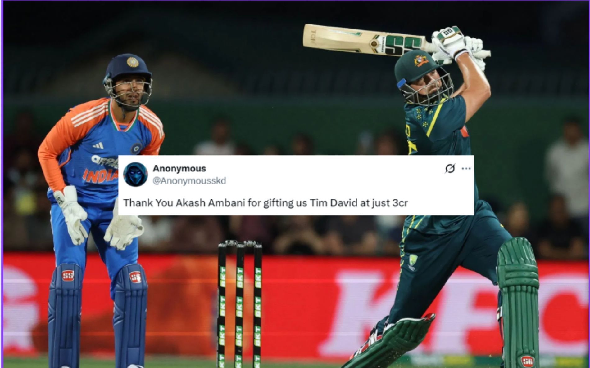 Tim David struck several massive sixes in his batting onslaught against India [Image credit: Getty, @Anonymousskd X handle] 