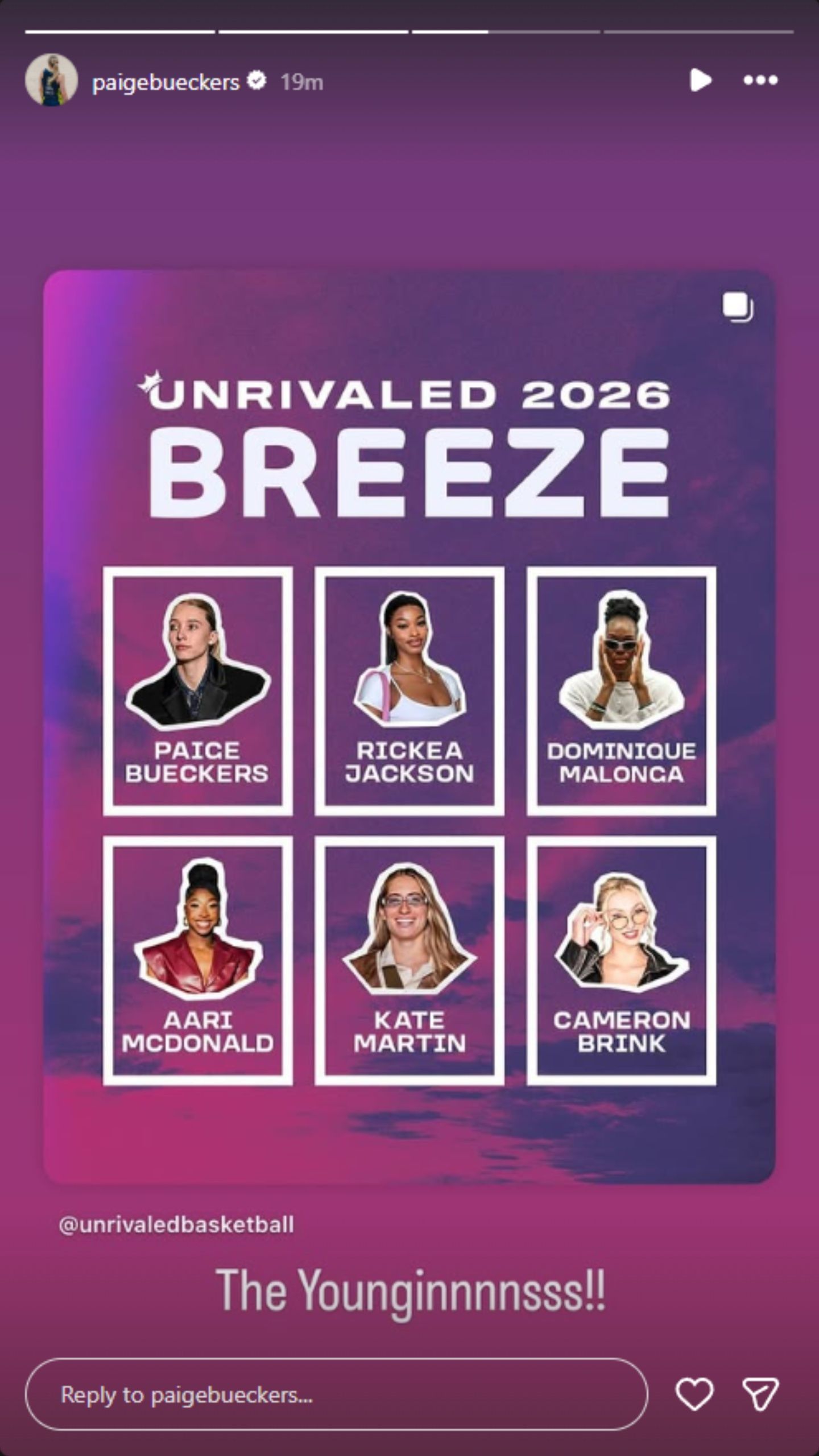 Paige Bueckers reacts to Breeze BC&#039;s roster. (Photo: @paigebueckers on IG)