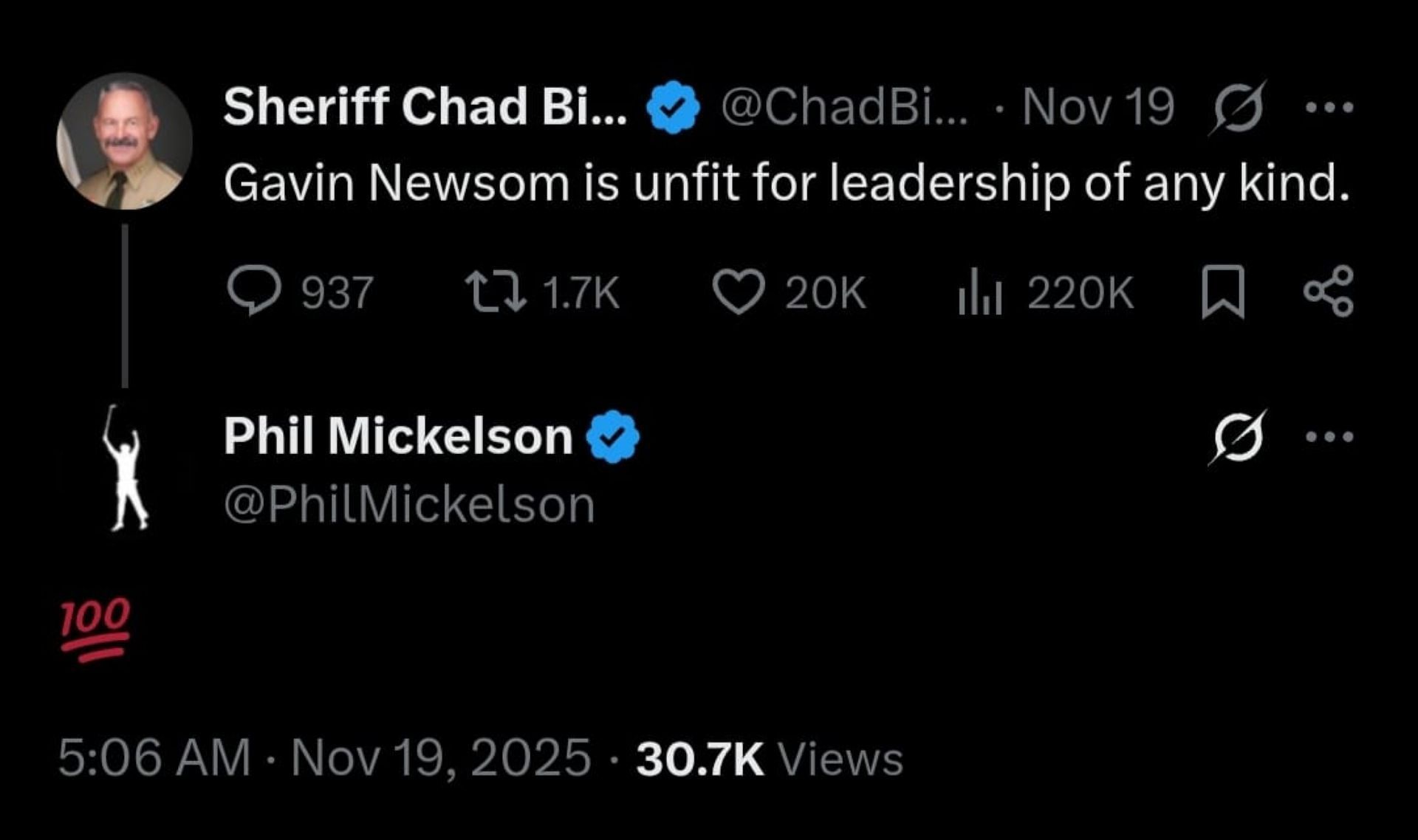 Screenshot of Mickelson&#039;s comment below Chad Bianco&#039;s post (via X)