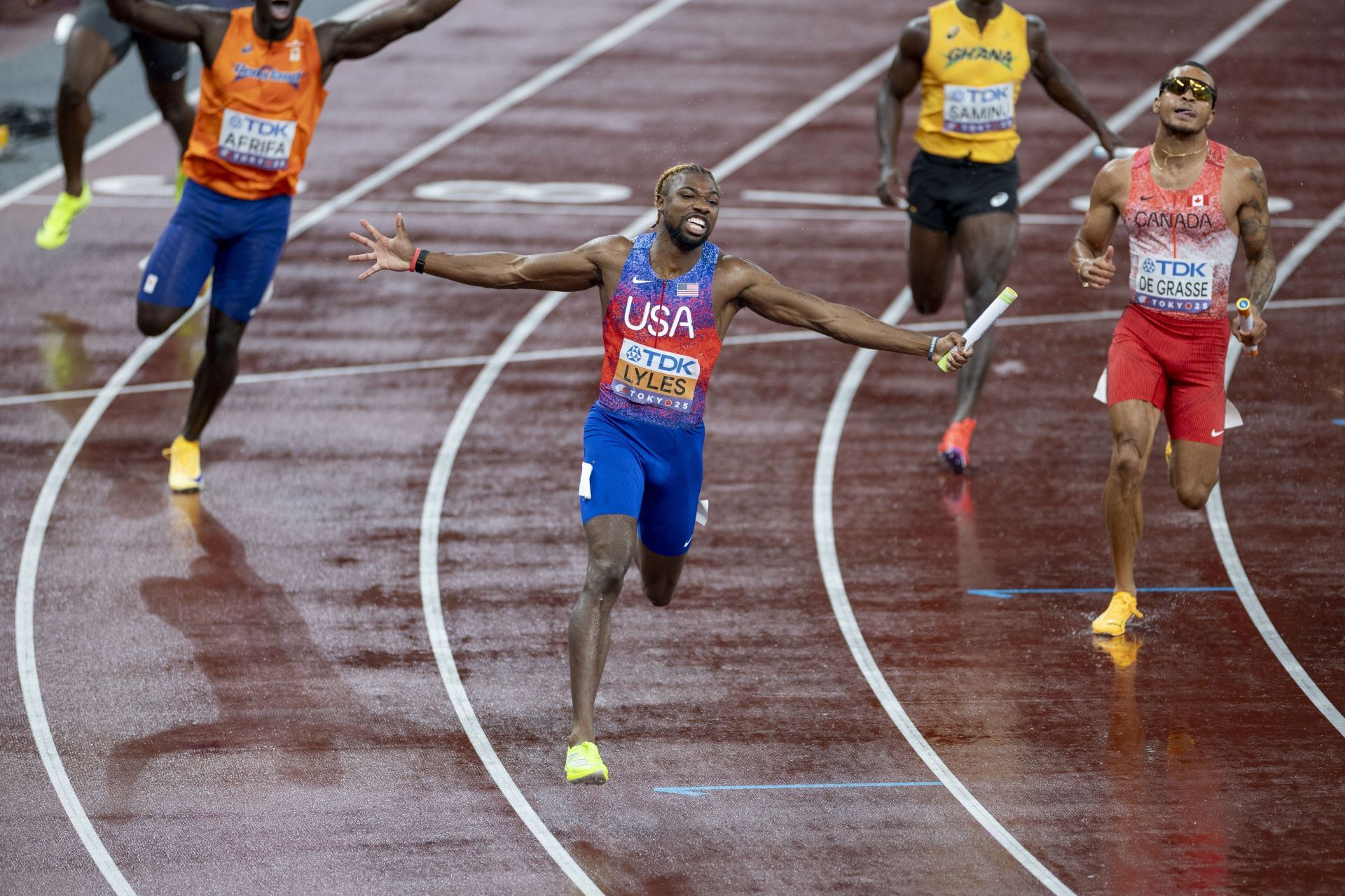 Noah Lyles after winning the men&#039;s 4x100m relay finals at Tokyo World Championships 2025 [Image Source : Getty] 