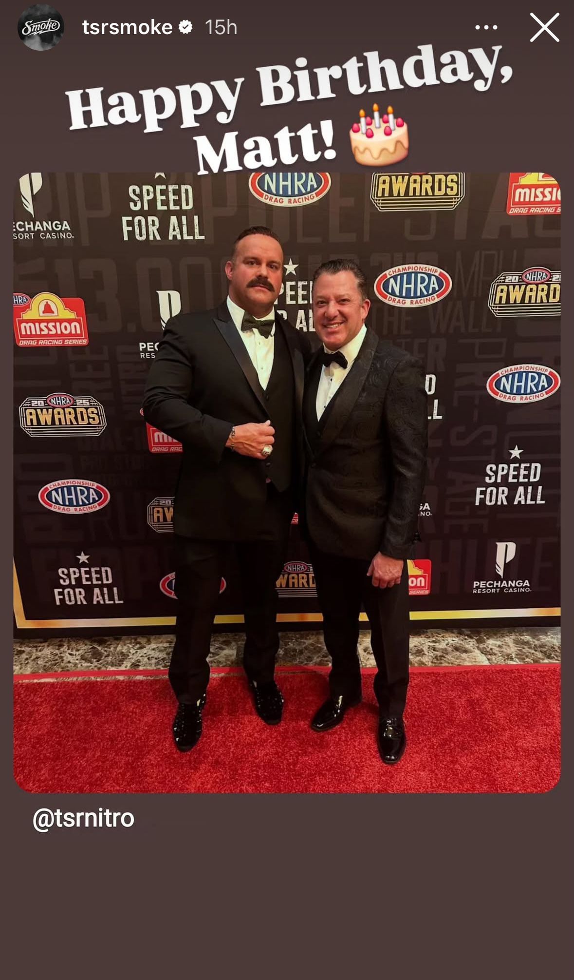 Tony Stewart and Matt Hagan at the NHRA Awards Banquet