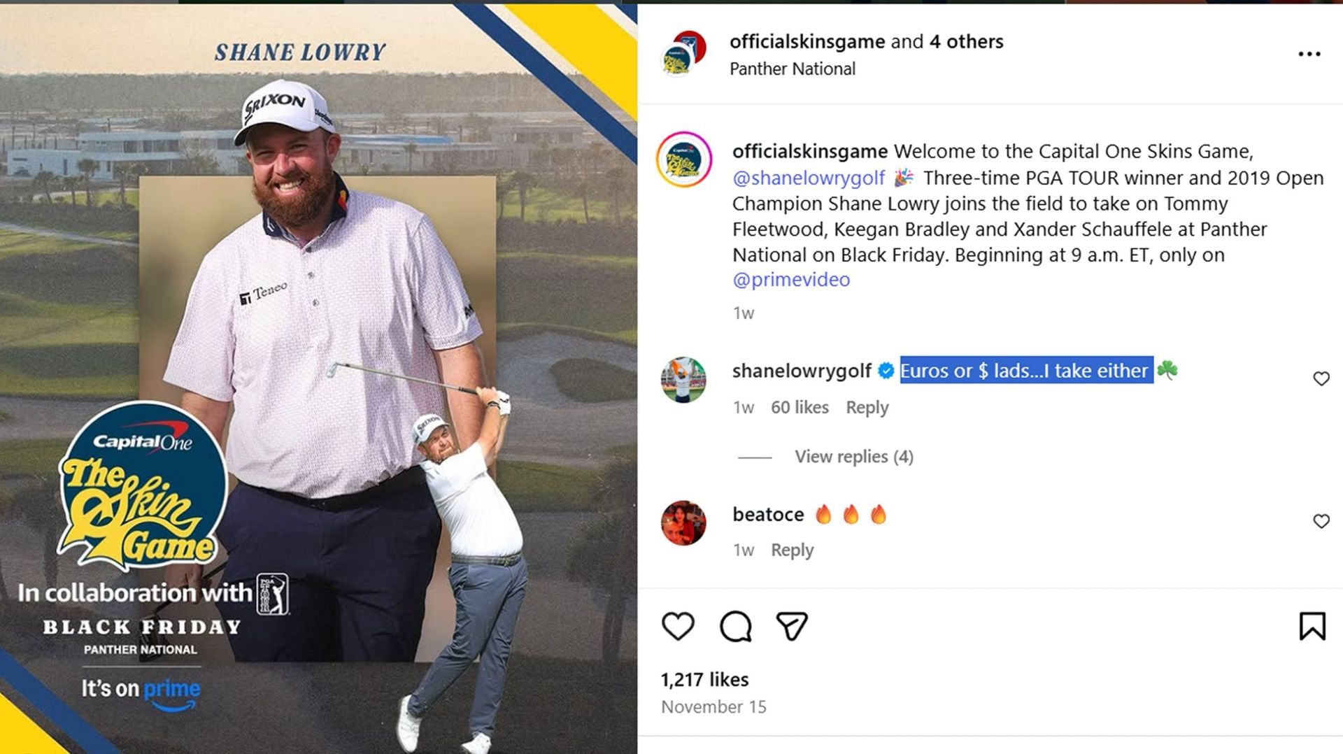 Shane Lowry shares a hilarious response on joining the field of The Skins/@officialskinsgame