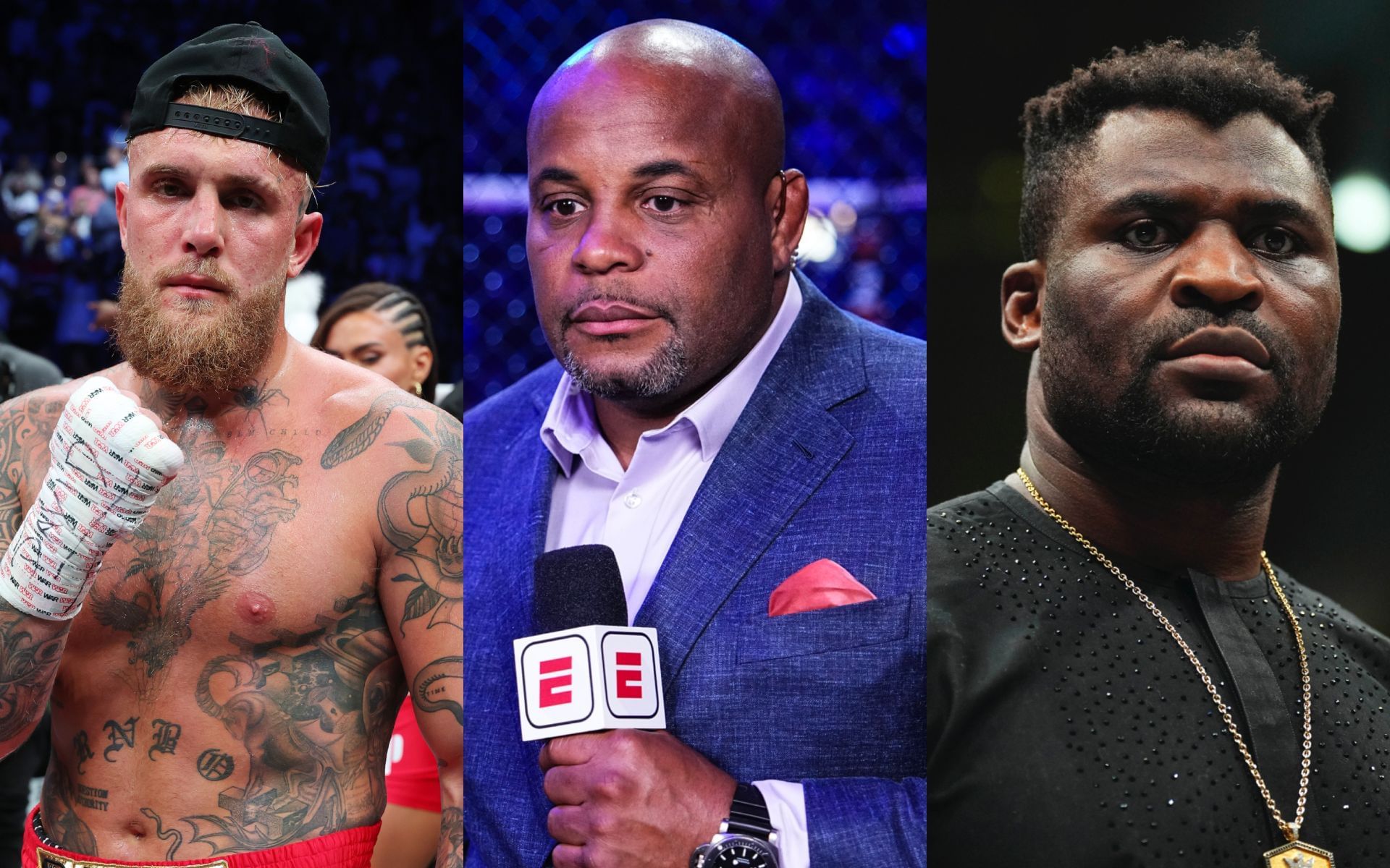 Daniel Cormier (middle) talks Jake Paul (left) fighting Francis Ngannou (right). [Images courtesy: Getty Images]