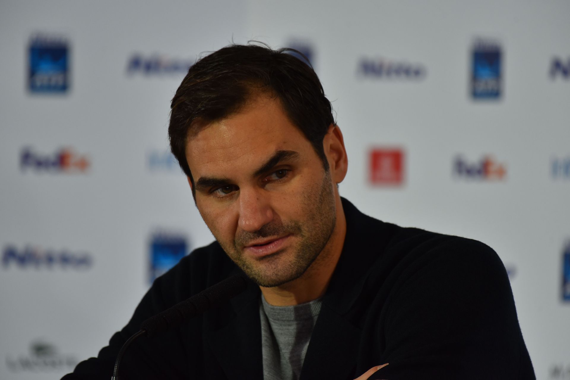 Roger Federer during a press conference at the 2018 ATP Finals (Source: Getty)