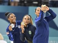Jordan Chiles and Simone Biles with Rebeca Andrade during the victory ceremony for Women's Floor Exercise Finals at the Paris Olympics (Image Source : Getty)