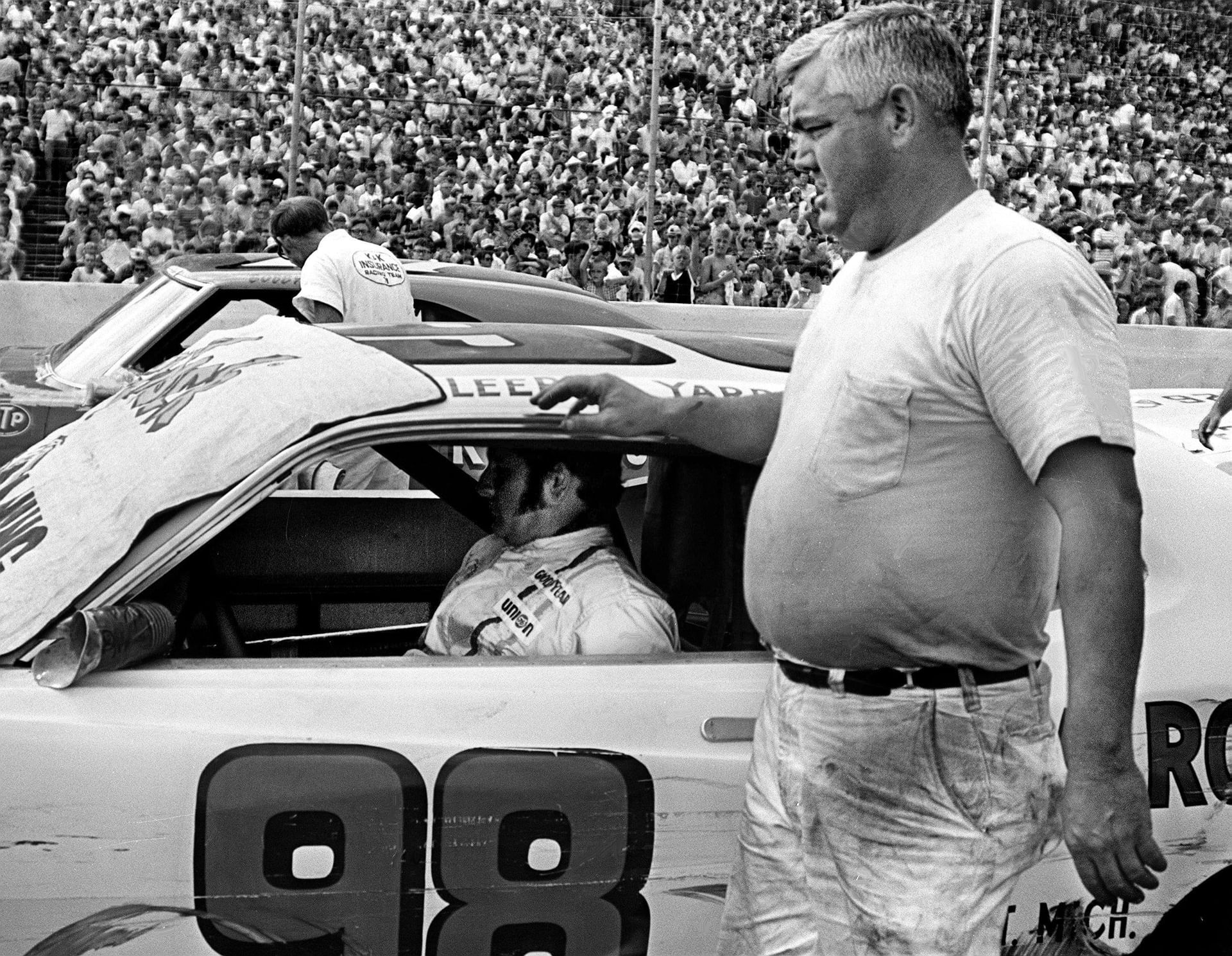 Junior Johnson (R) and Lee Roy Yarbrough during the 1970 Nashville 420 NASCAR. Source: Imagn