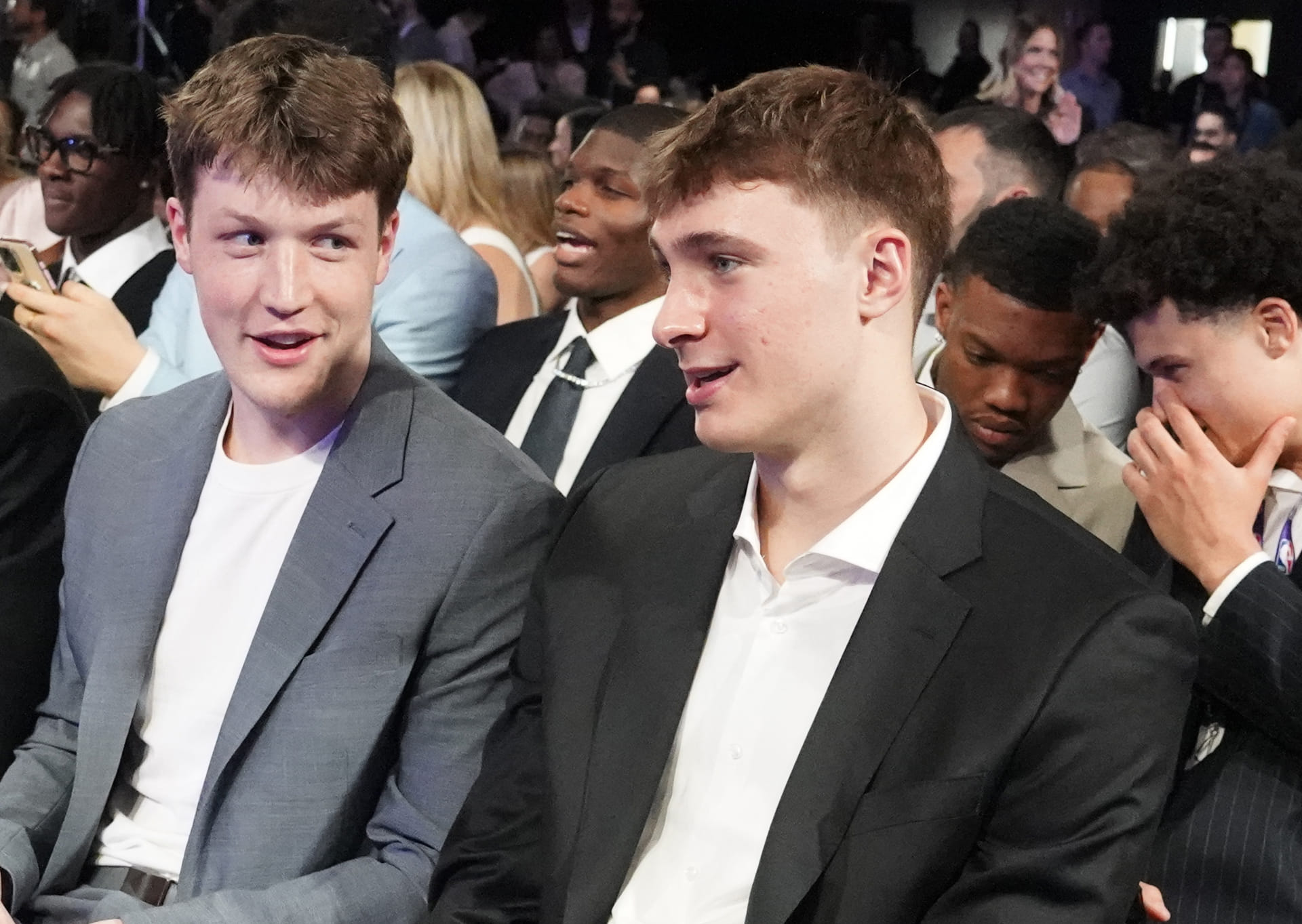 Duke players L-R Kon Knueppel and Cooper Flagg, during the 2025 NBA Draft Lottery at McCormick Place. Mandatory Credit: David Banks-Imagn Images