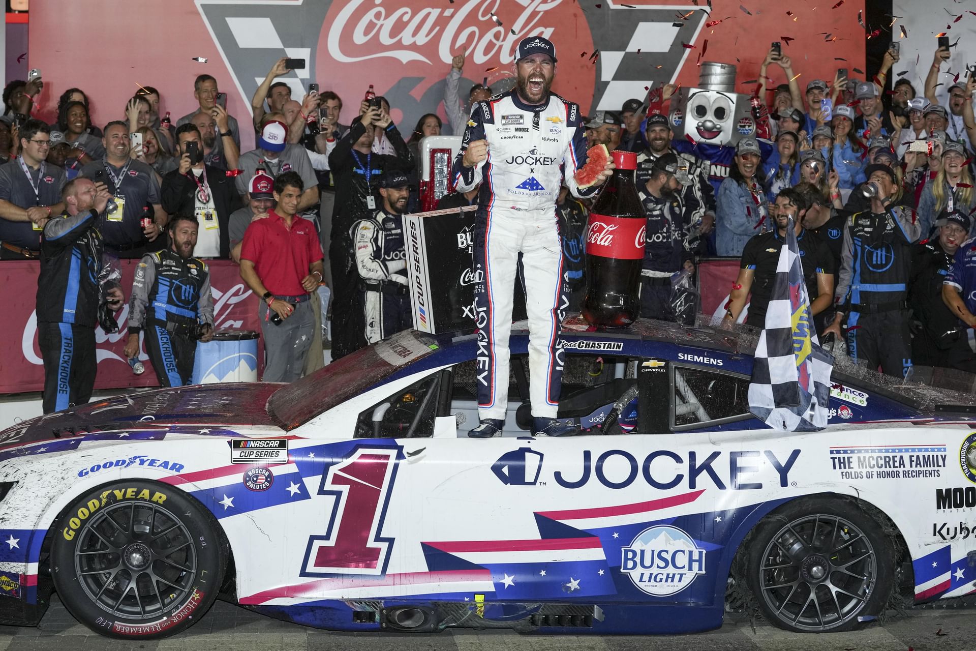 Ross Chastain (1) celebrates the 2025 Coca-Cola 600. Source: Imagn
