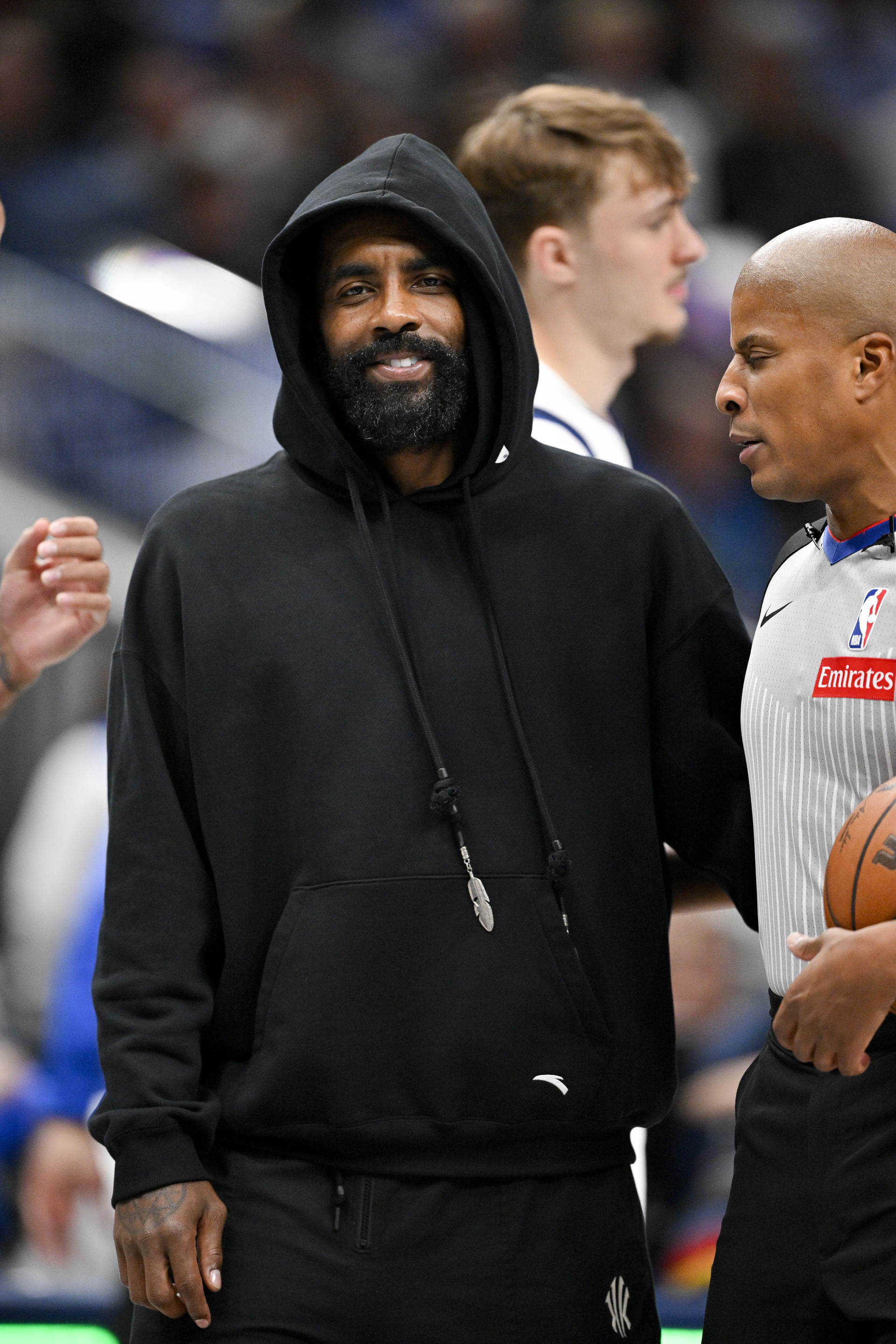 Dallas Mavericks guard Kyrie Irving looks on during a foul call review during the second quarter against the Indiana Pacers at the American Airlines Center. Mandatory Credit: Jerome Miron-Imagn