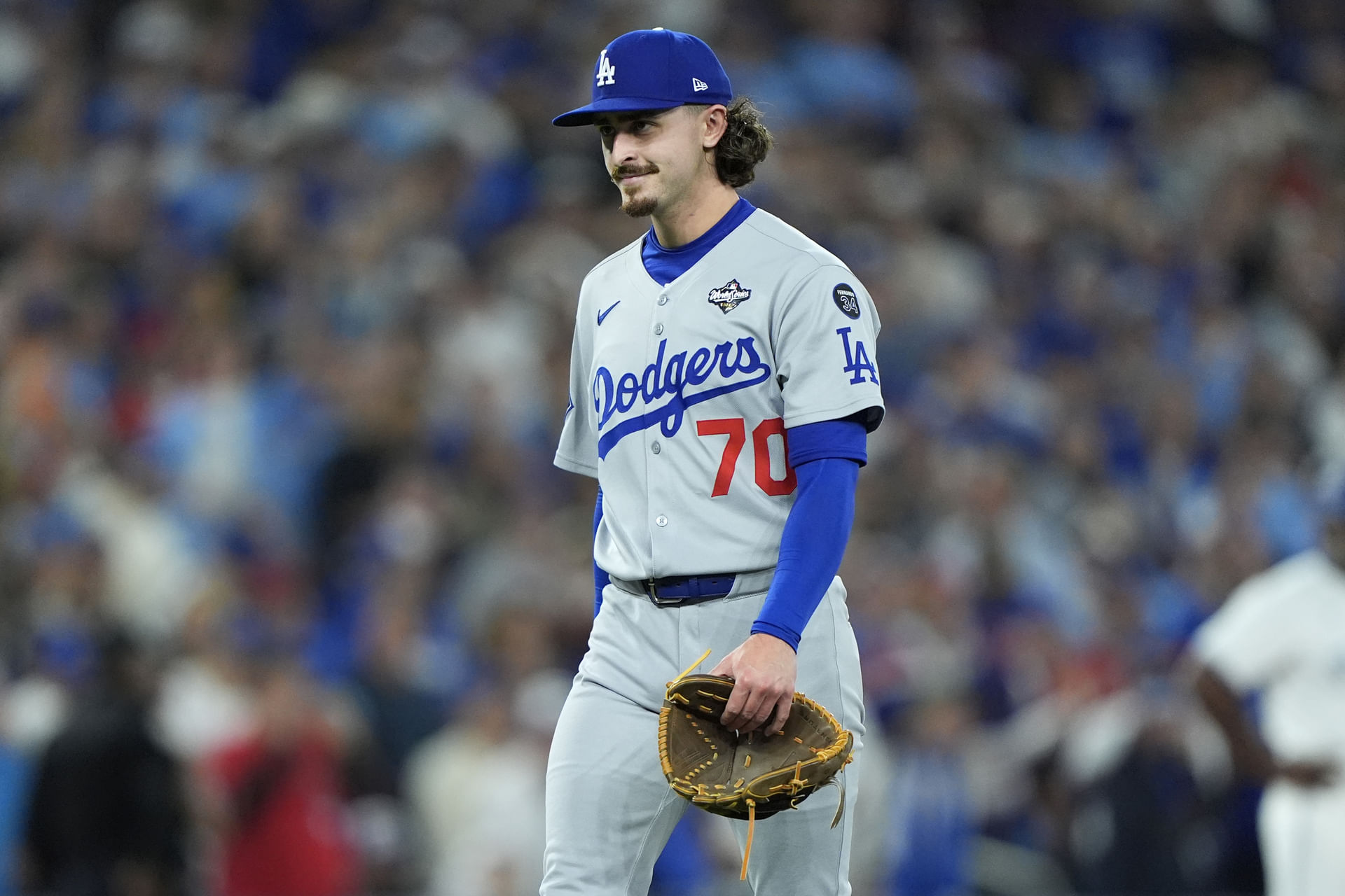 Los Angeles Dodgers pitcher Justin Wrobleski (70) is relieved in the fourth inning against the Toronto Blue Jays during game seven of the 2025 MLB World Series at Rogers Centre. Mandatory Credit: John E. Sokolowski-Imagn Images - Source: Imagn