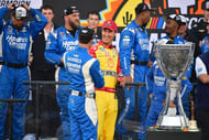Team Penske's Joey Logano congratulating Hendrick Motorsports' Cliff Daniels and Kyle Larson on the 2025 NASCAR Cup Series victory - Source: Imagn