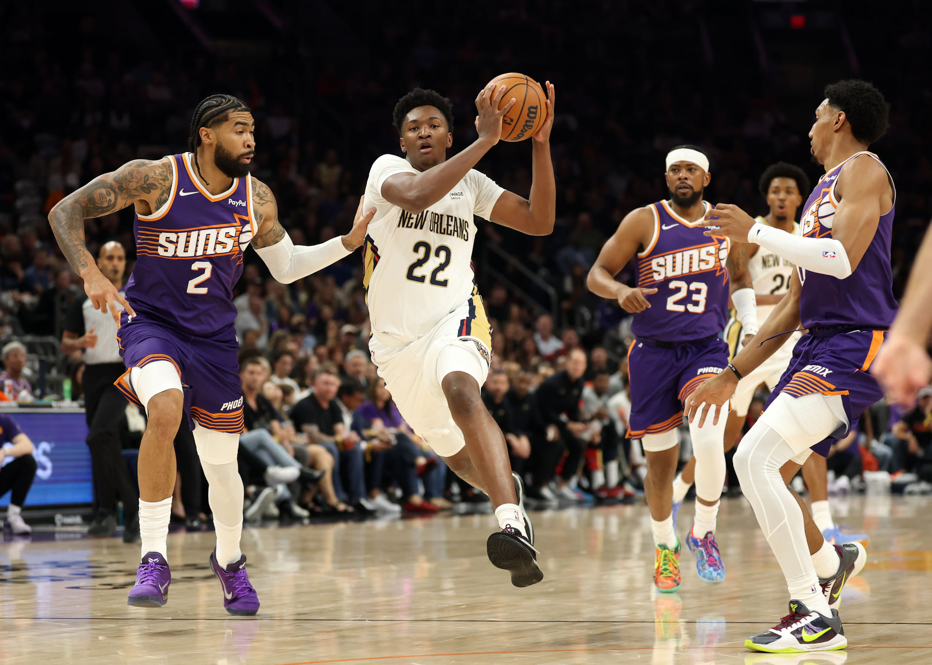 Derik Queen #22 in action during New Orleans Pelicans at Phoenix Suns (Image Source: Imagn)