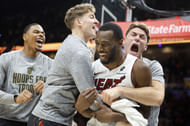 The Miami Heat celebrates against the Cleveland Cavaliers. (Photo: IMAGN)