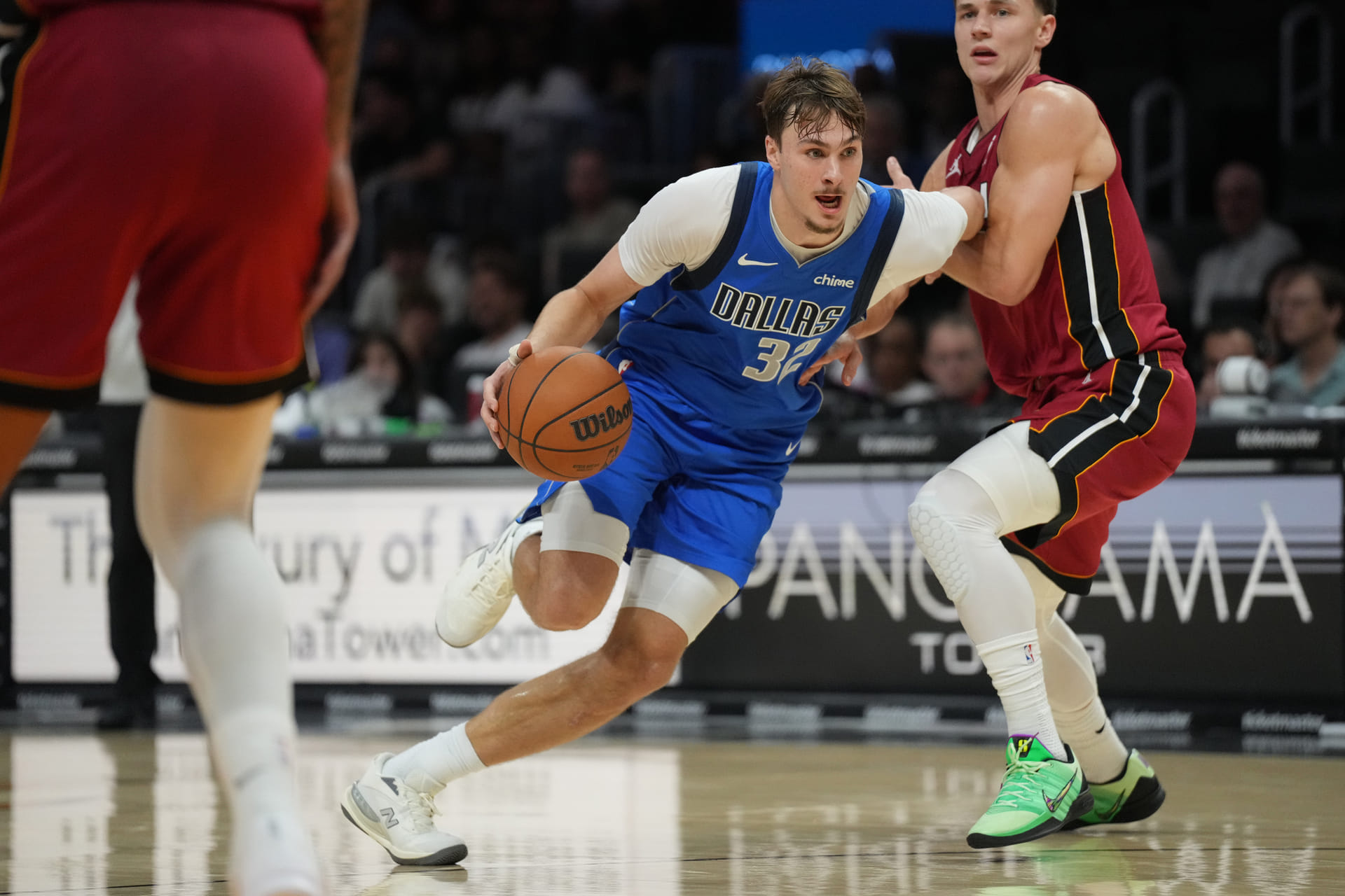 Mavericks&#039; #32 Cooper Flagg drives the ball against Heat (Image Source: IMAGN)