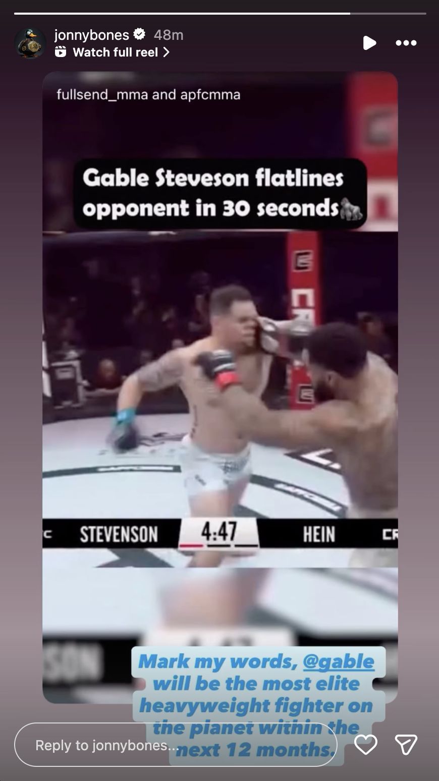 Jon Jones reacts to Gable Steveson&#039;s win at APFC 21 (Source: Jon Jones Instagram @jonnybones)