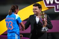 Harmanpreet Kaur collects the trophy from ICC Chairman Jay Shah. (Credits: Getty)