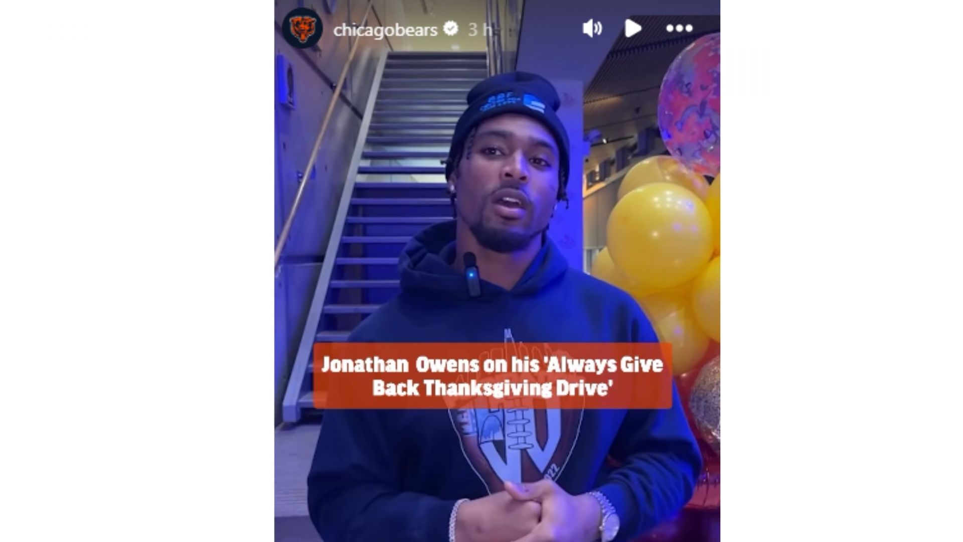 Screengrab of Jonathan Owens&#039; Instagram reel about his charitable campaign [Source : Chicago Bears&#039; Instagram]