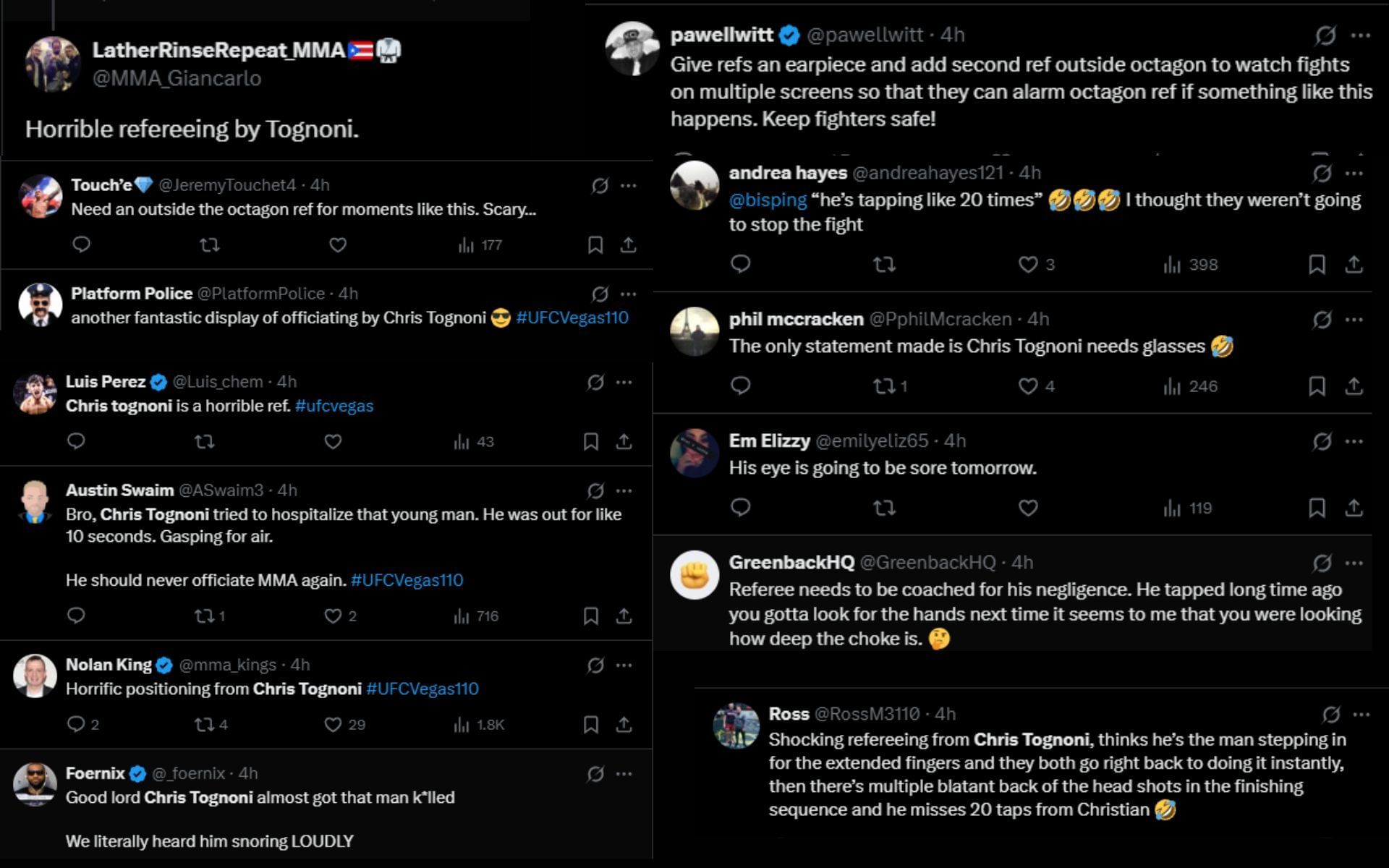 Fans react to Chris Tognoni&#039;s blunder at UFC Vegas 110. [Screenshots courtesy: @ufc on X]