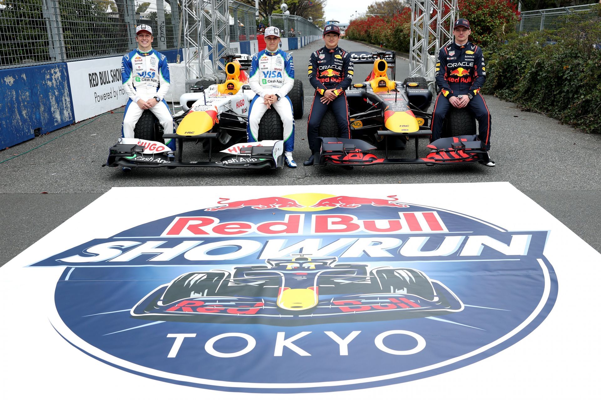 (L-R) Liam Lawson, Isack Hadjar, Yuki Tsunoda, and Max Verstappen in Tokyo. Source: Getty