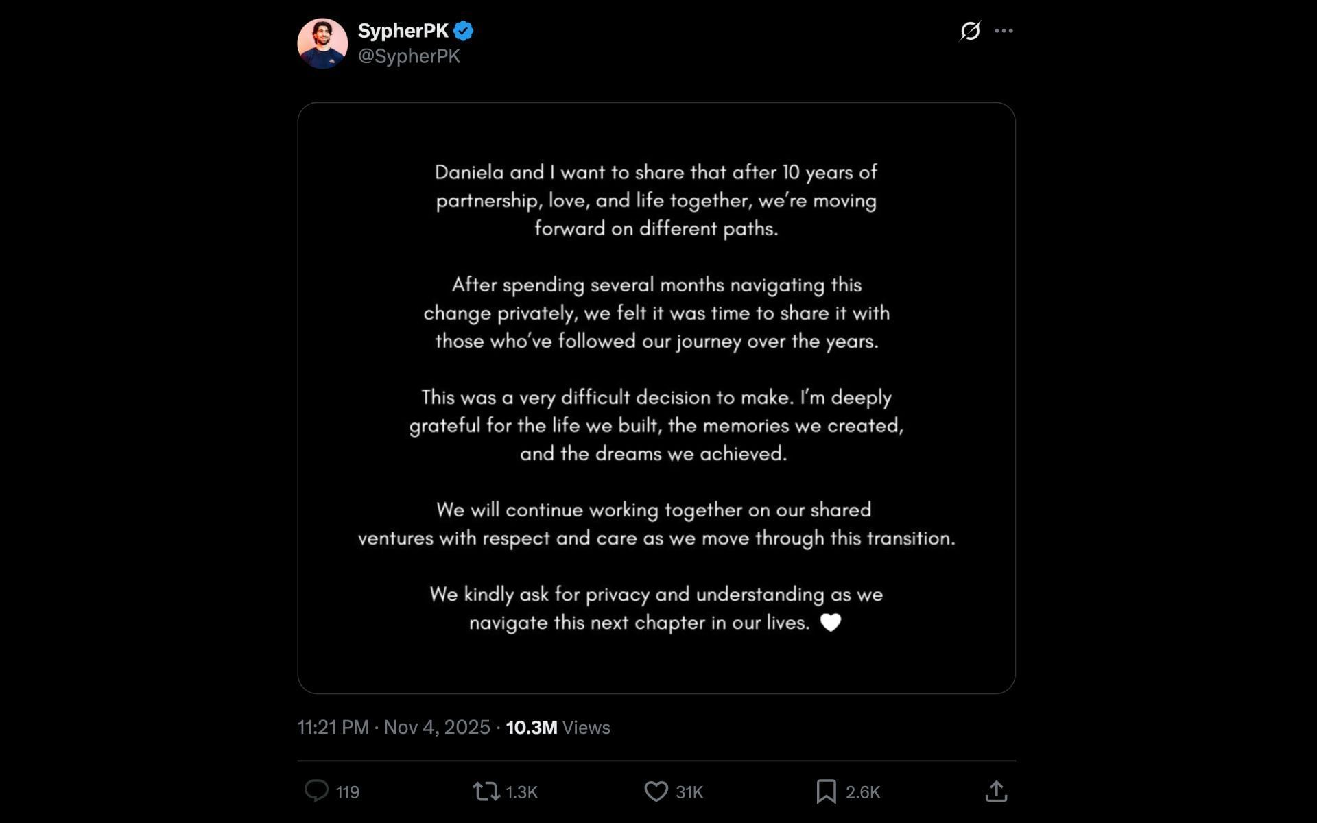 The Twitch streamer&#039;s X post, dated November 4, 2025, announcing his separation from his wife, Daniela (Image via x.com/SypherPK)