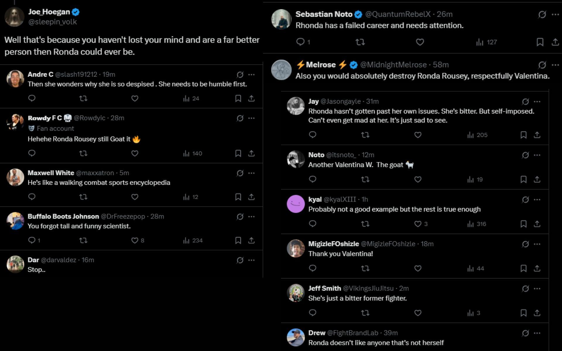 Fans react to Valentina Shevchenko defending Joe Rogan against Ronda Rousey&#039;s comments. [Screenshots courtesy: @BulletValentina on X]