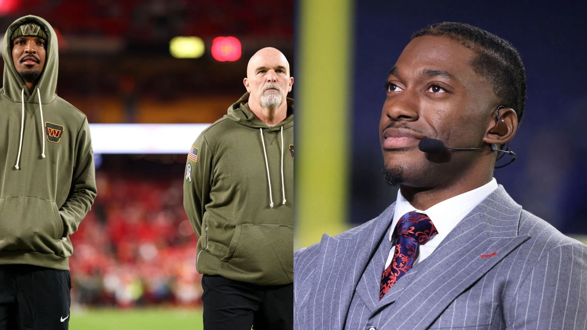 Robert Griffin III reacts to Dan Quinn leaving Jayden Daniels on the field after injury