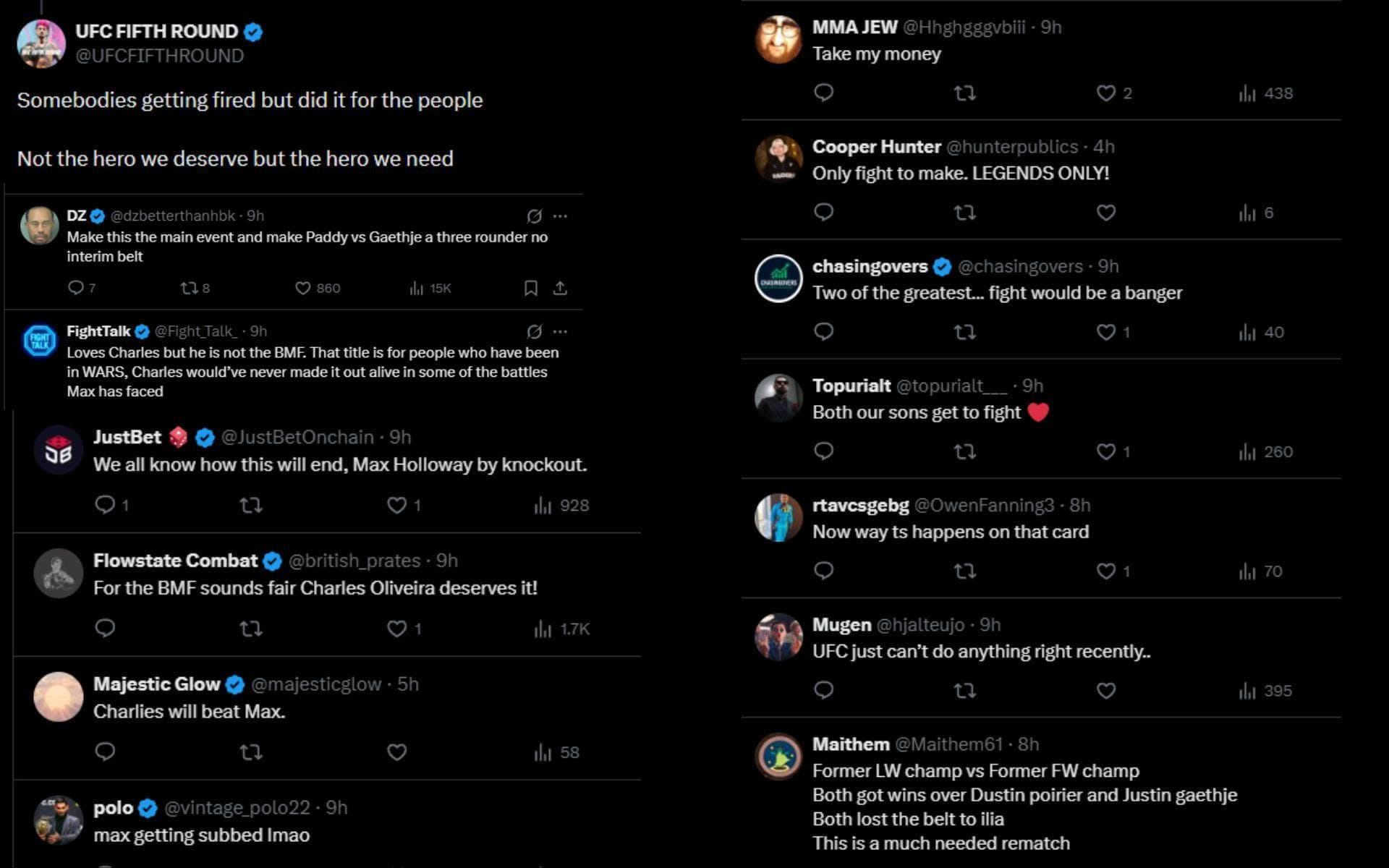 Fans react to UFC Brazil seemingly leaking Max Holloway vs. Charles Oliveira. [Screenshots courtesy: @ChampRDS on X]