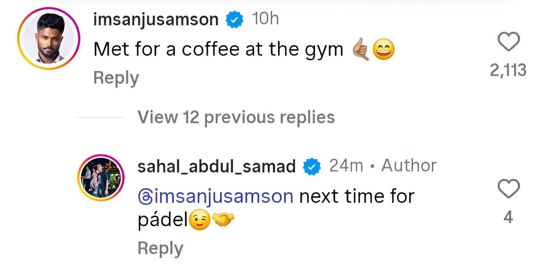 Screenshot of Sanju Samson&#039;s reply (Image Credits: Sahal Abdul Samad/IG)