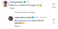 Screenshot of Sanju Samson's reply (Image Credits: Sahal Abdul Samad/IG)