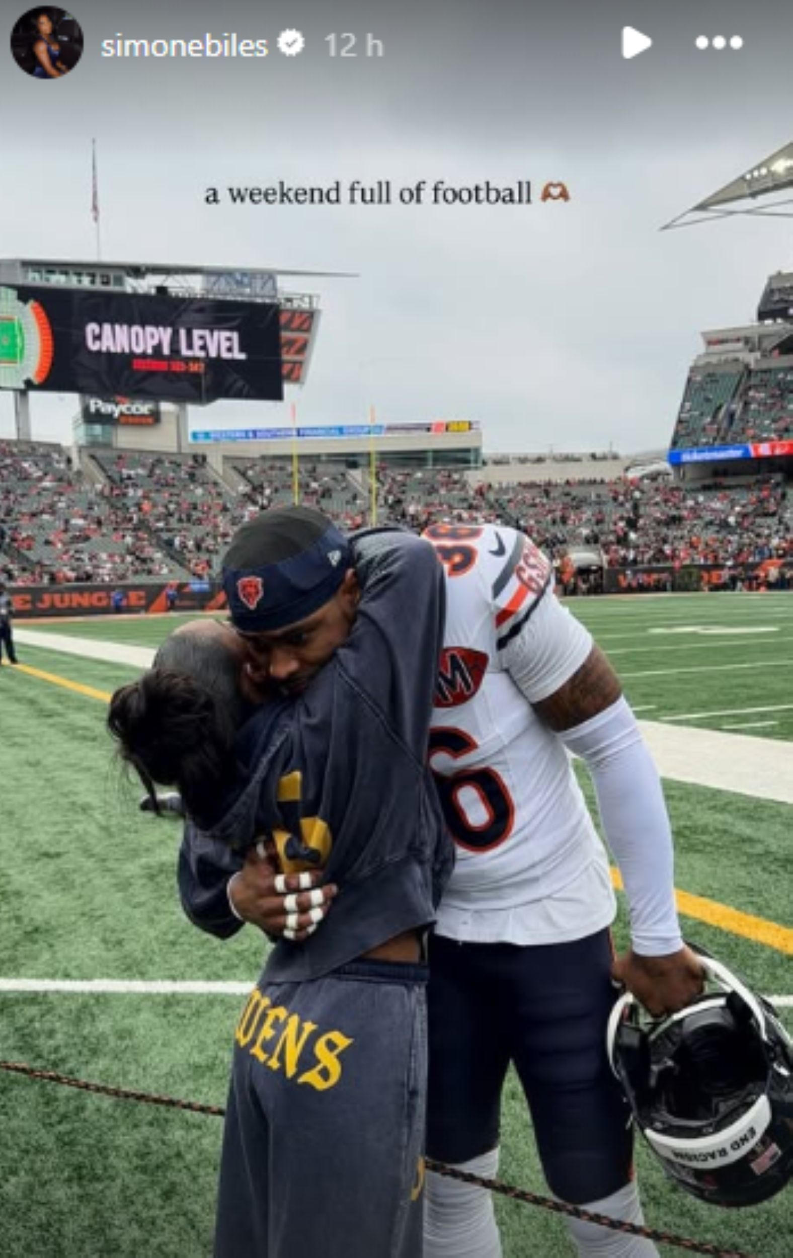 Screengrab of Simone Biles&#039; visit to Paycor Stadium for Chicago Bears&#039; NFL game [Image Source : Simone Biles&#039; Instagram]