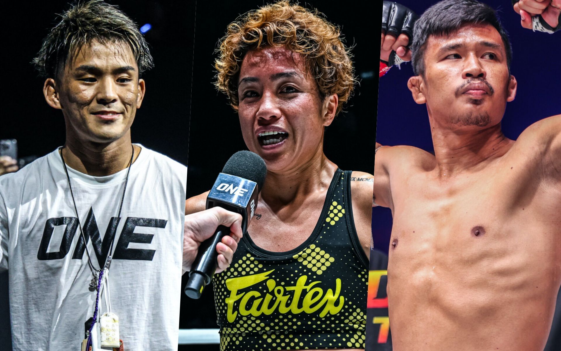 From left to right: Yuki Yoza, Kana Morimoto, Superlek | Image by ONE Championship