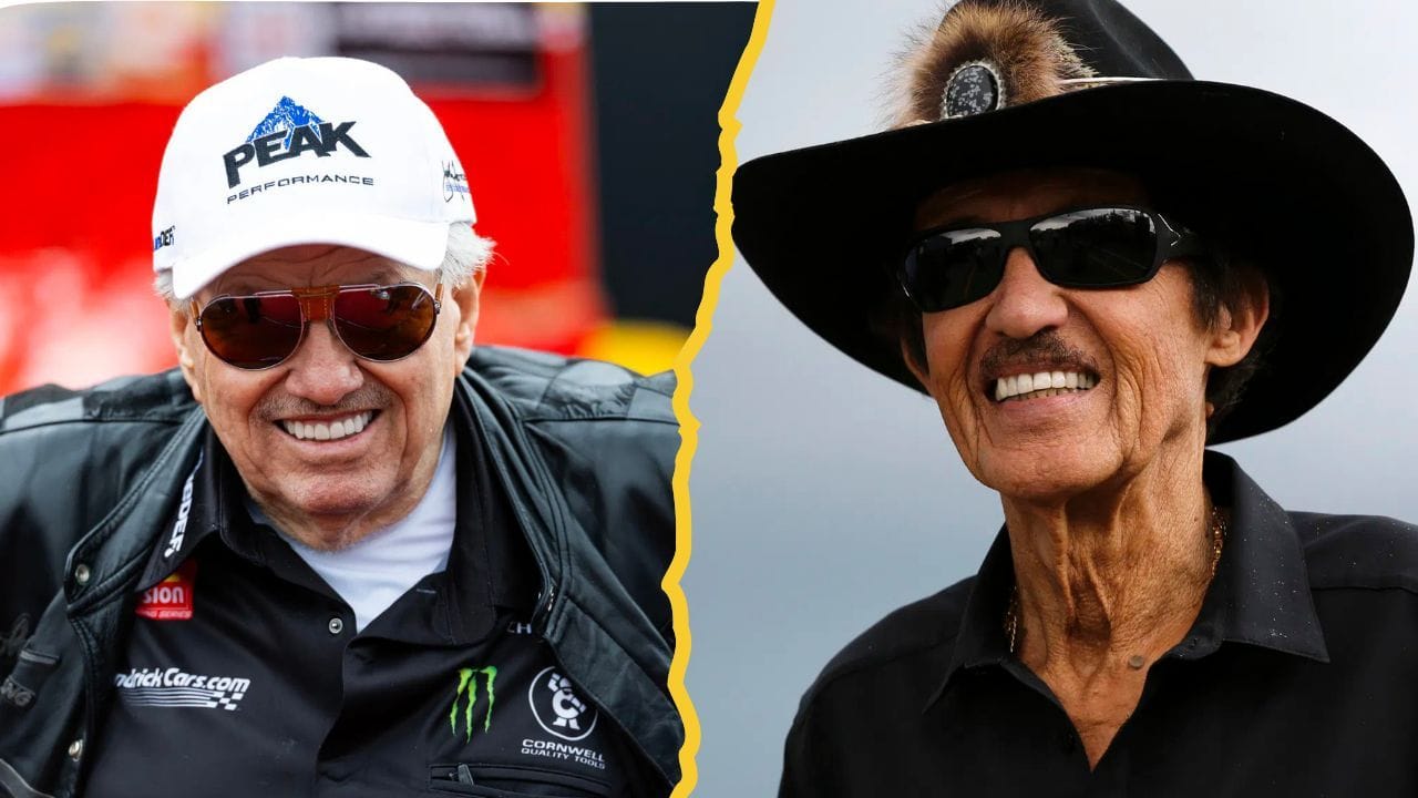 (L) Nov 16, 2025; Pomona, CA, USA; NHRA funny car team owner John Force looks on after clinching the 2025 NHRA world championship following the NHRA Finals at In-N-Out Burger Pomona Dragstrip. Mandatory Credit: Mark J. Rebilas-Imagn Images (R) Aug 27, 2016; Brooklyn, MI, USA; NASCAR team owner Richard Petty walks through the garage during practice for the Pure Michigan 400 at Michigan International Speedway. Mandatory Credit: Aaron Doster-Imagn Images 