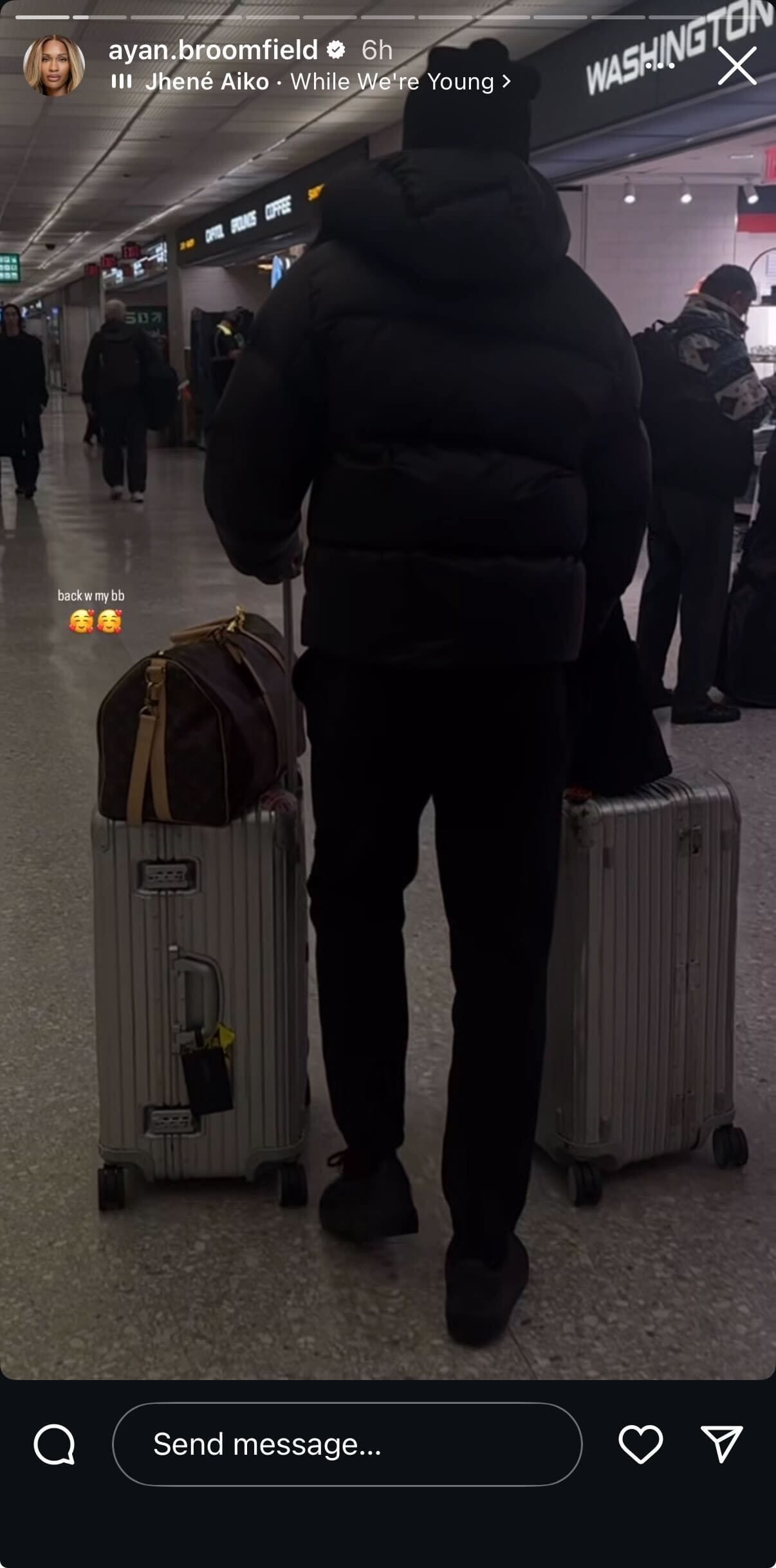 Broomfield&#039;s Instagram Story showing Tiafoe walking with bags at a Washington airport dated November 25, 2025 (Source: Instagram/ayan.broomfield)