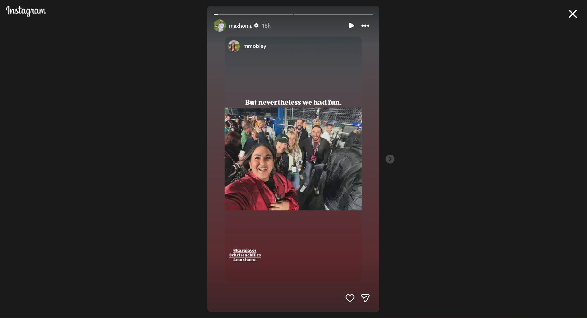 Still taken from Homa&#039;s Instagram story (Image Credit: Instagram @maxhoma)