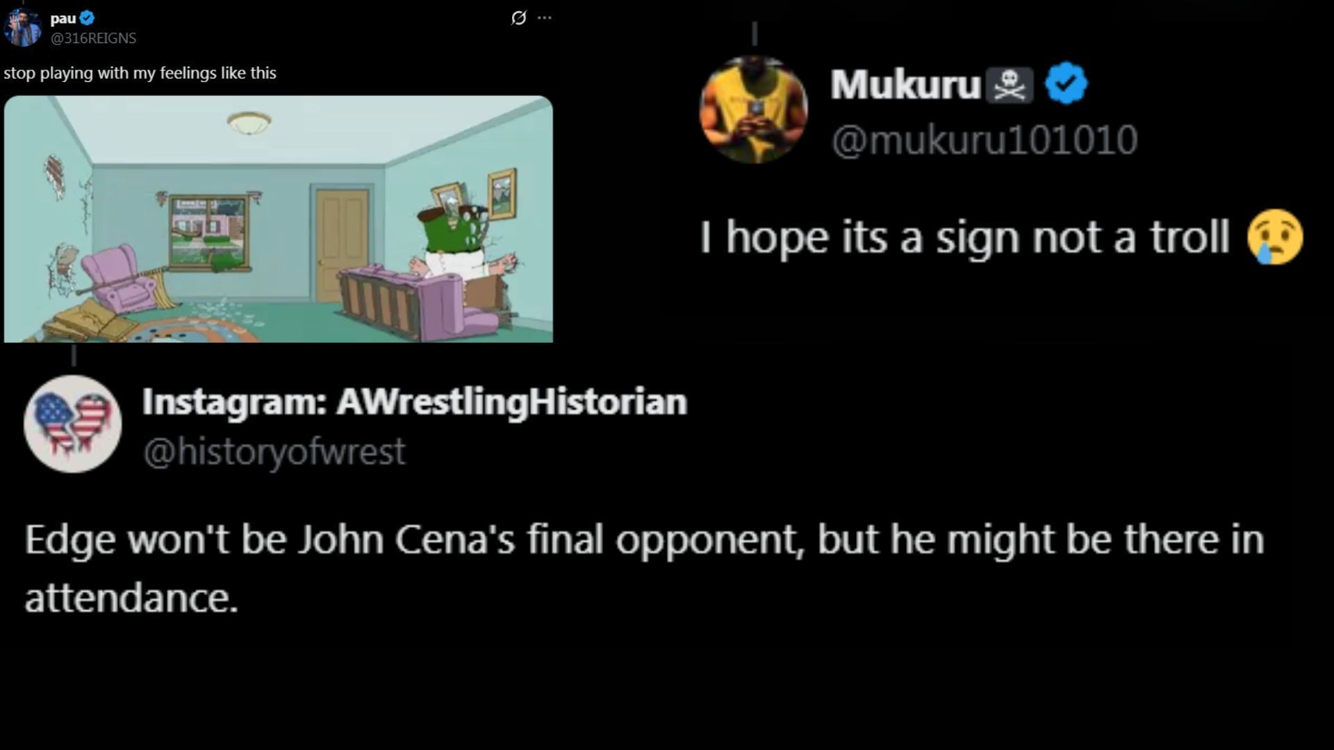 Fans are hopeful for Edge vs. Cena one last time. (Images via @316REIGNS X)