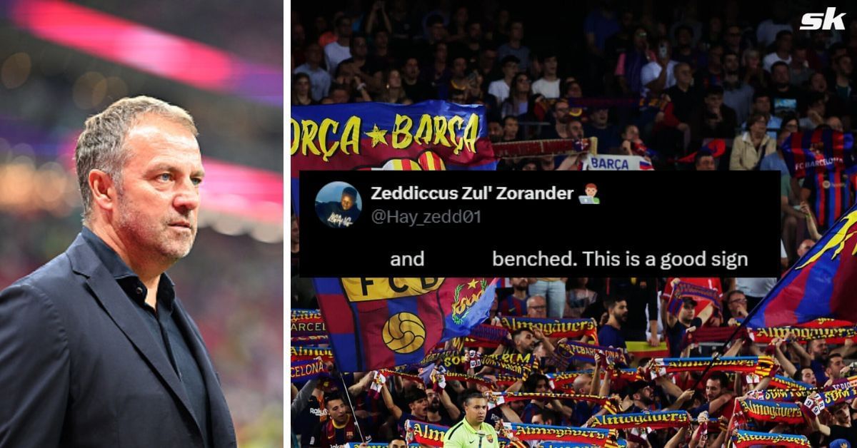 L to R: Hansi Flick and Barcelona fans (Images via Getty and X/@Hay_zedd01)