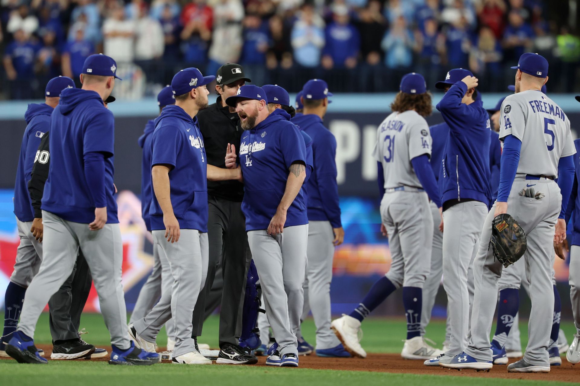 Dodgers and Blue Jays in game 7 of the world series at Rogers Centre. - Source: Getty