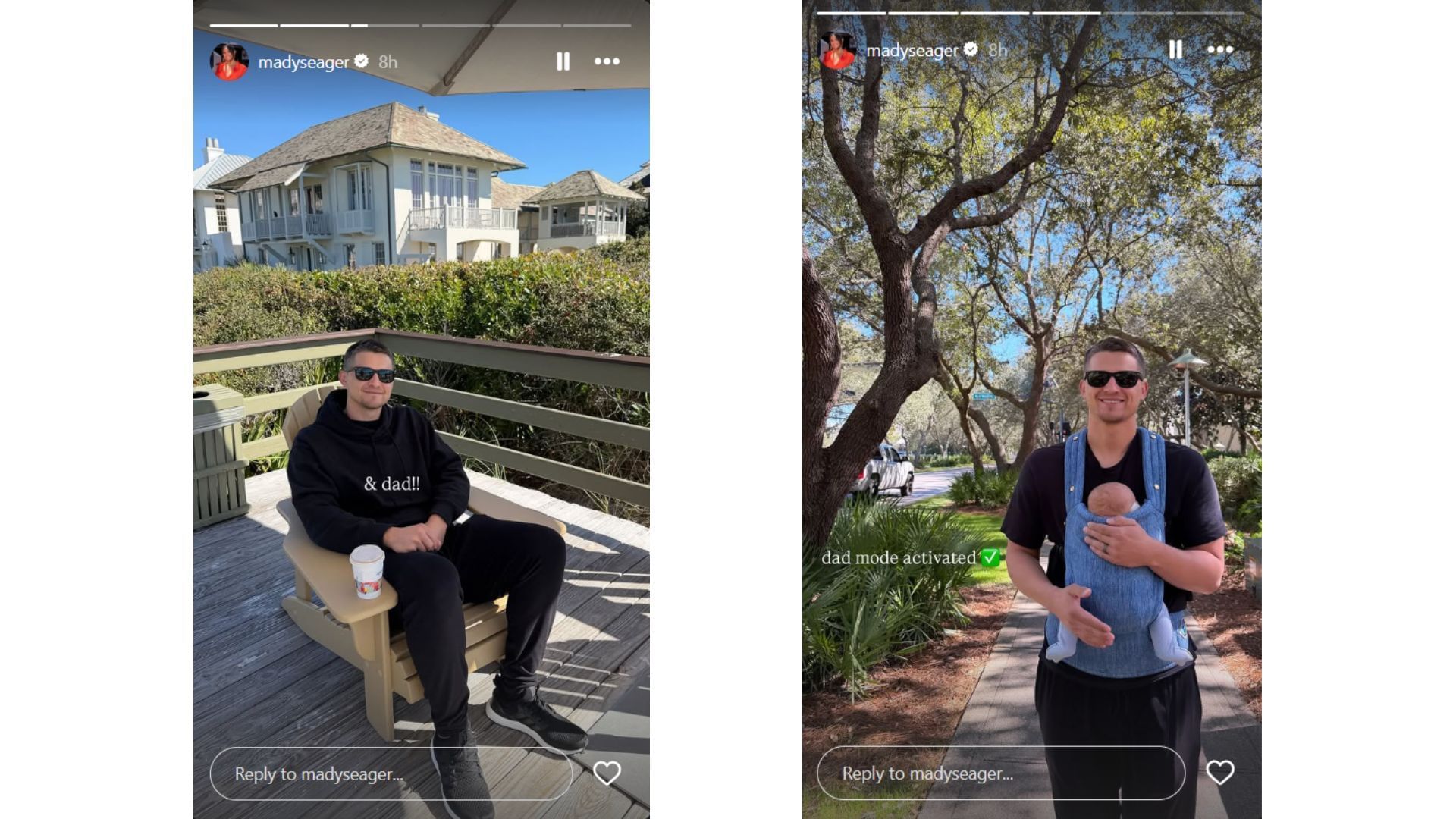 Madisyn Seager&#039;s Instagram stories featuring Corey Seager on his &quot;dad duties&quot; (Source: Instagram @madyseager)