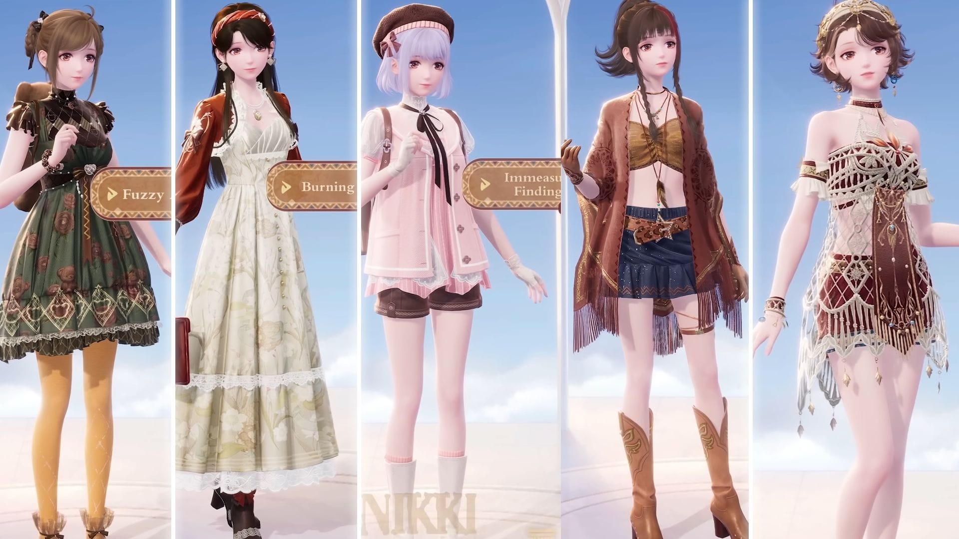 3-star outfits Fuzzy Affection, Burning Heart, Immeasurable Findings, Mysterious Adventurer, Mark of Time (Image via Infold Games)