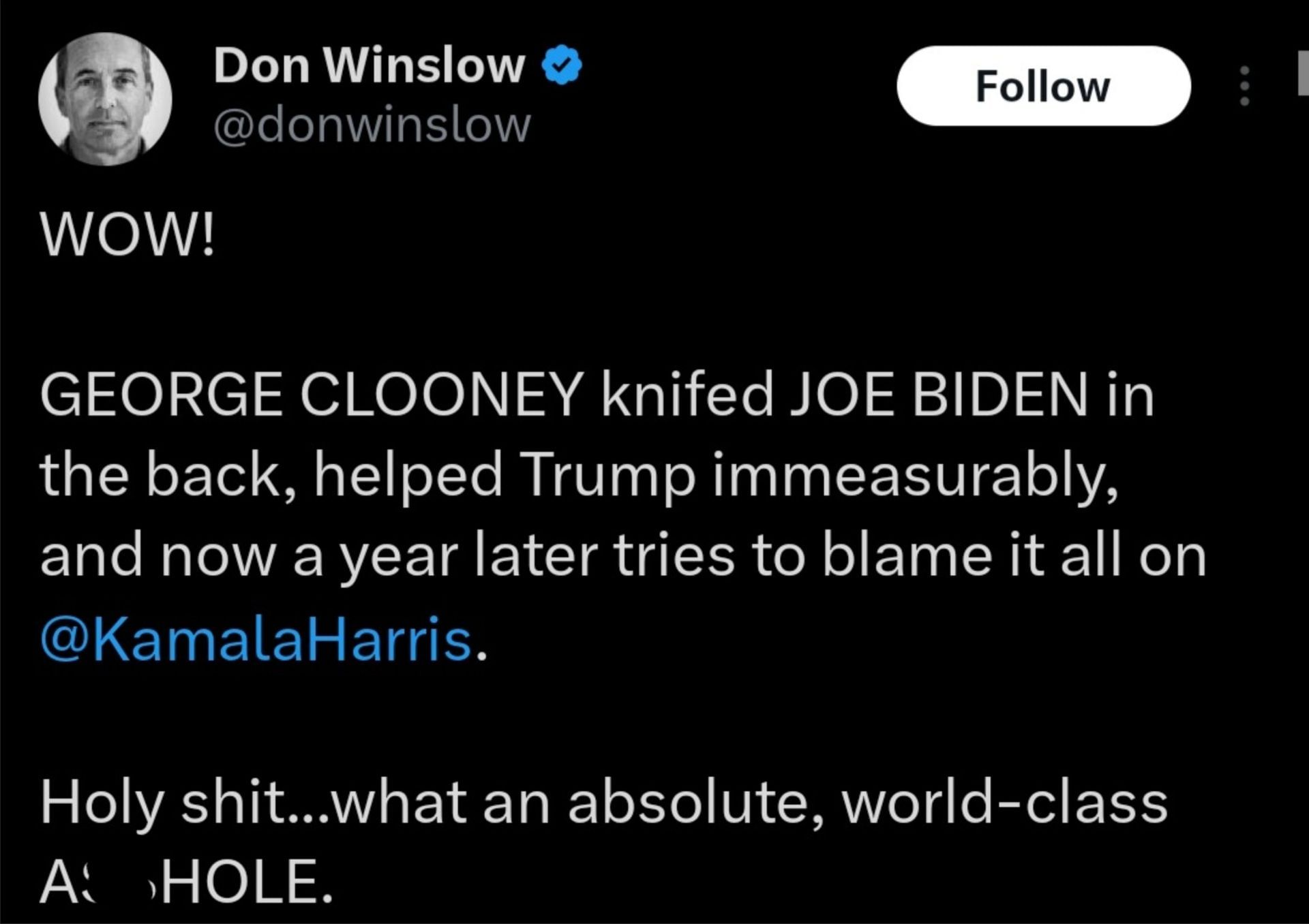 Don Winslow reacts to George Clooney's comments about choosing Kamala Harris as the presidential candidate, (Photo via X/@donwinslow)